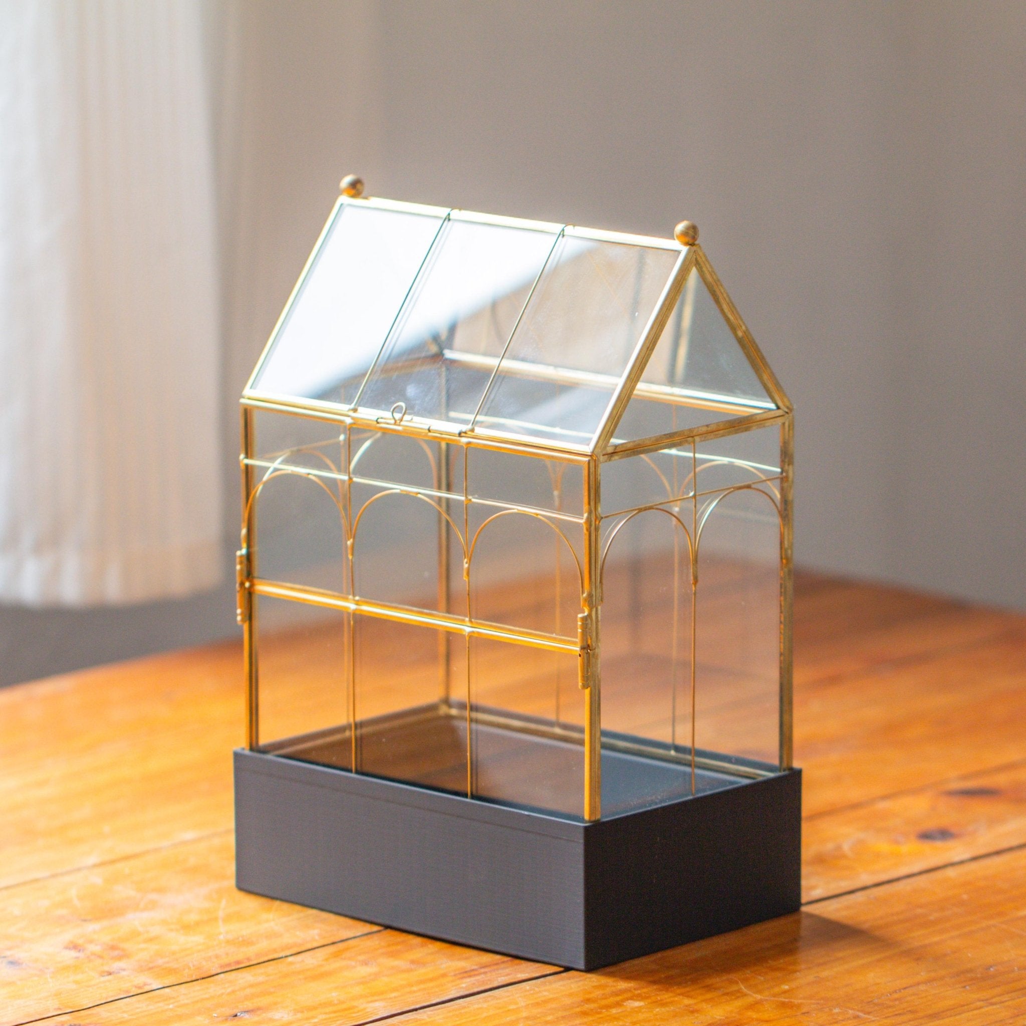 11” Gold Victorian Greenhouse Glass Terrarium with Water - Holding Base and Side Door - NCYPgarden