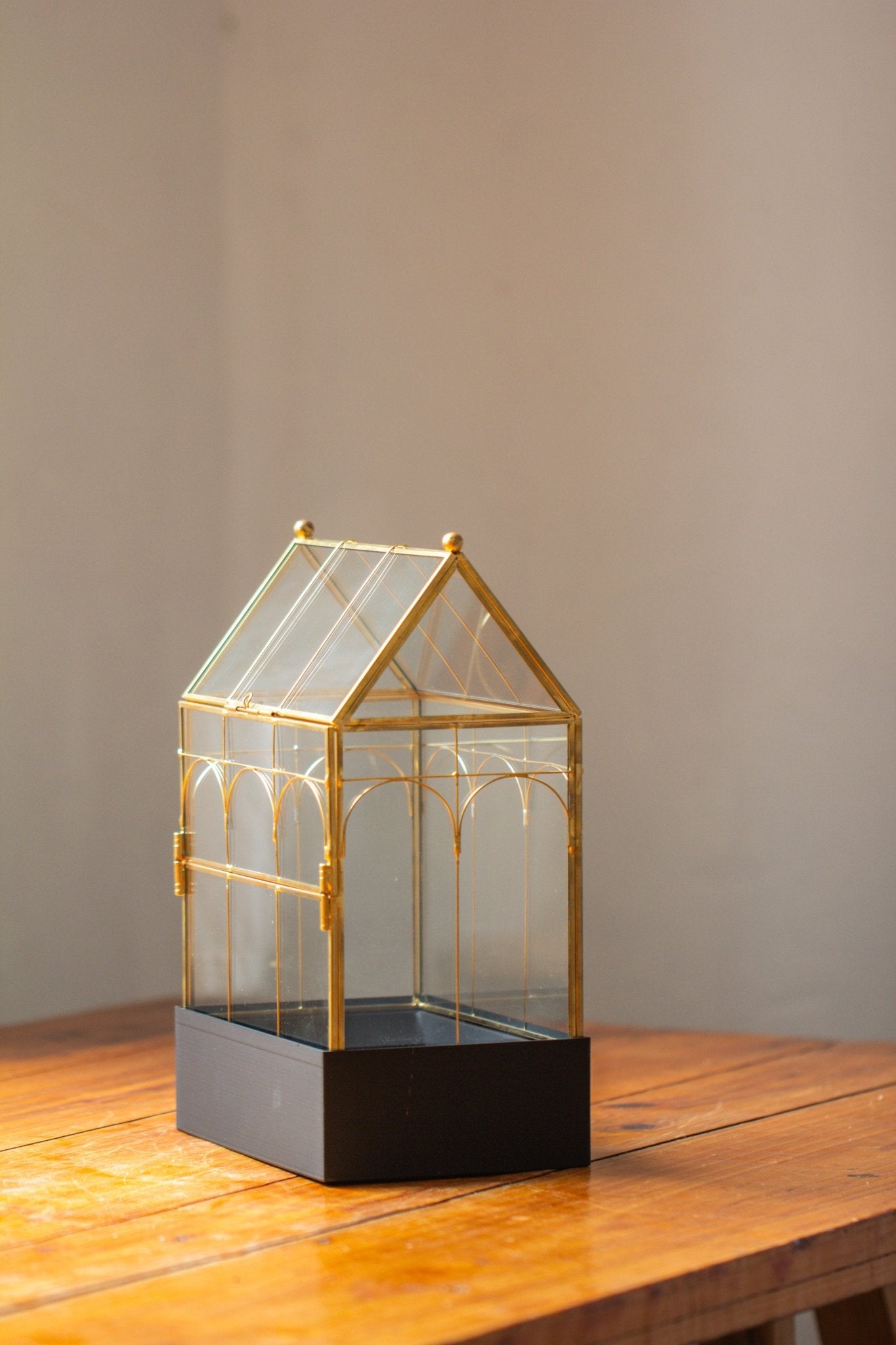11” Gold Victorian Greenhouse Glass Terrarium with Water - Holding Base and Side Door - NCYPgarden
