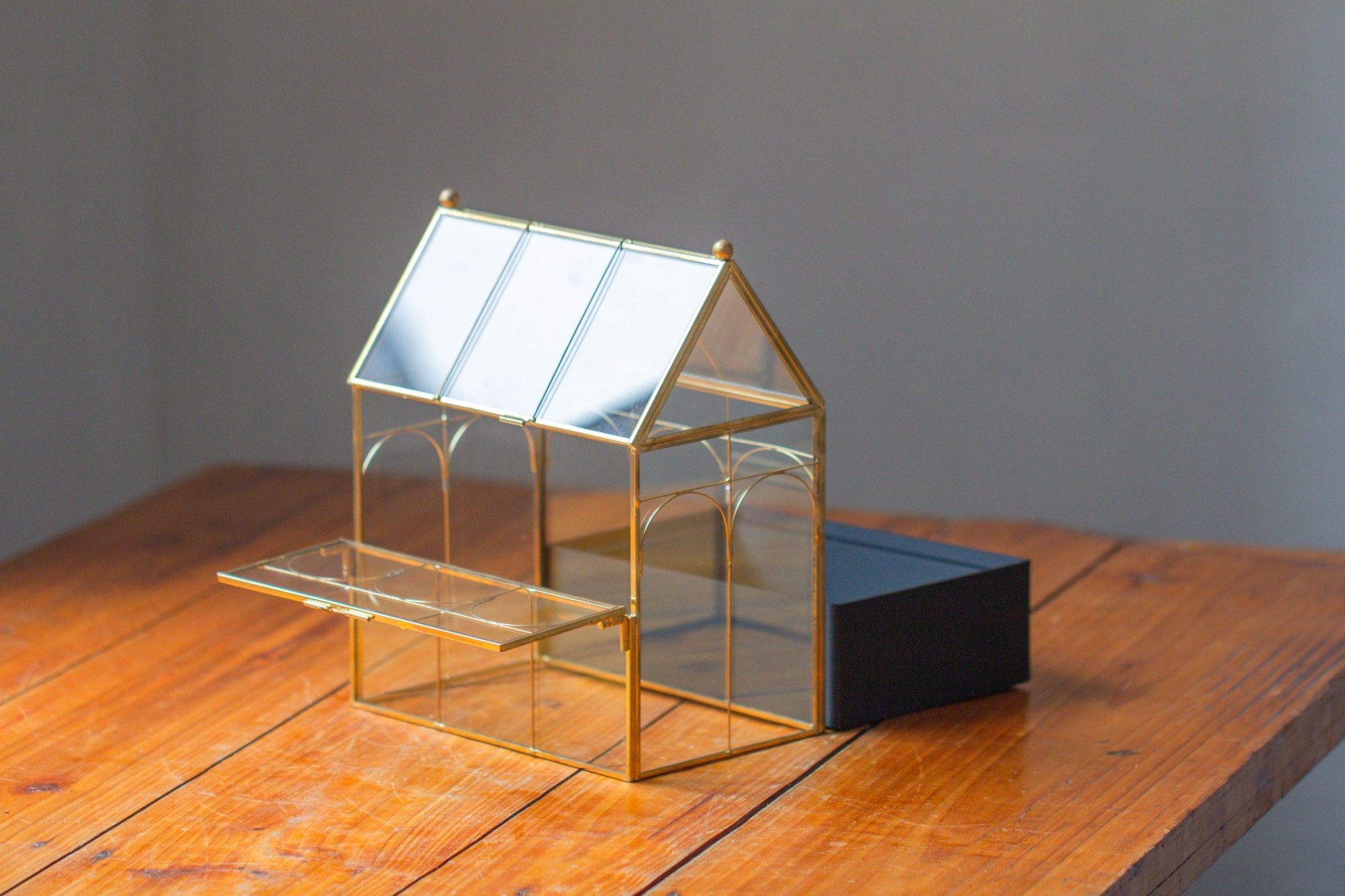 11” Gold Victorian Greenhouse Glass Terrarium with Water - Holding Base and Side Door - NCYPgarden