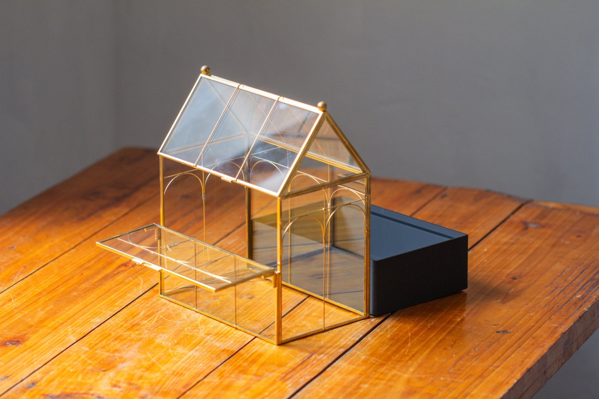 11” Gold Victorian Greenhouse Glass Terrarium with Water - Holding Base and Side Door - NCYPgarden