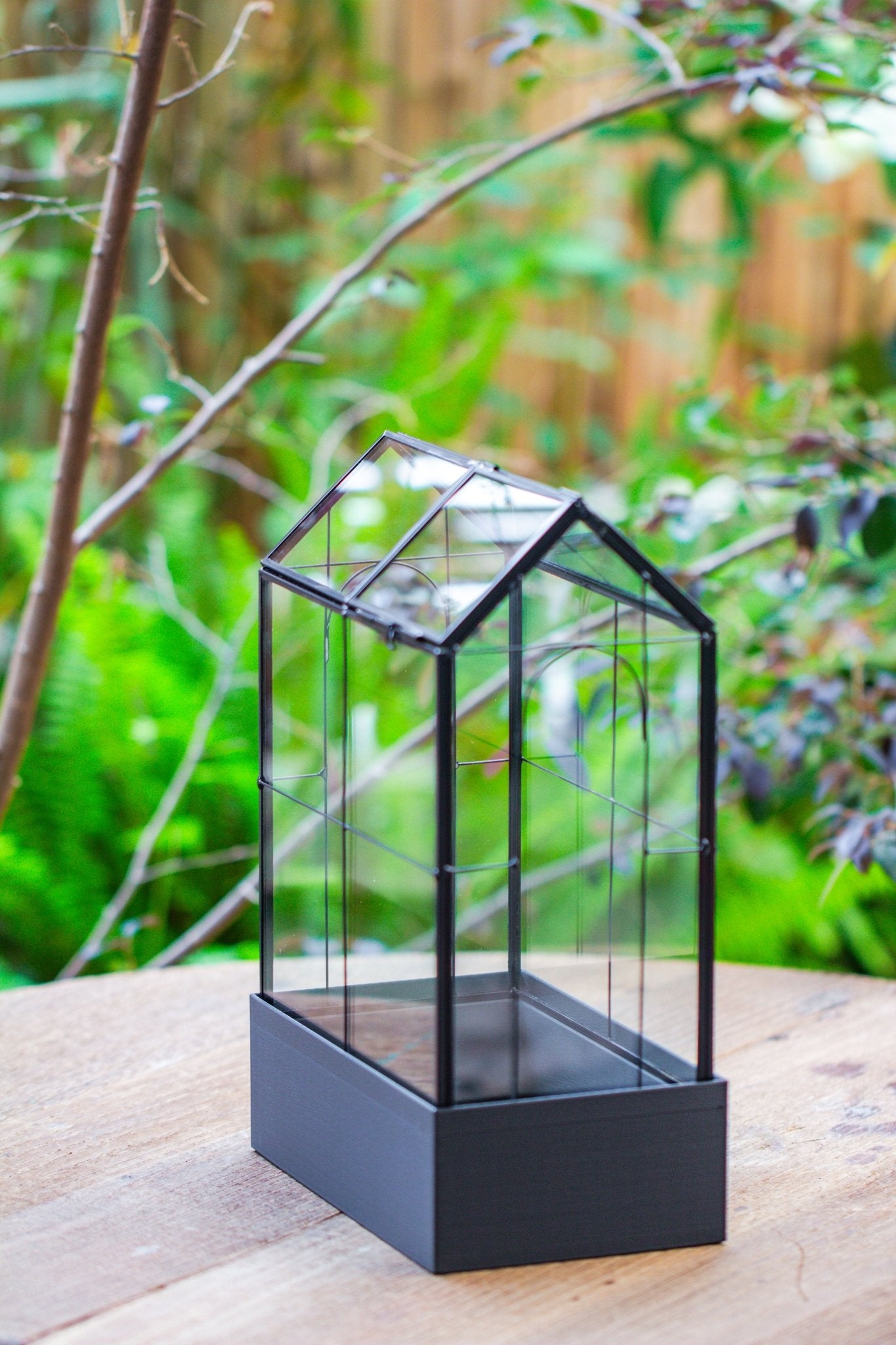 11" Tall Vintage Greenhouse Glass Terrarium with Water - Holding Base and Top Door - NCYPgarden