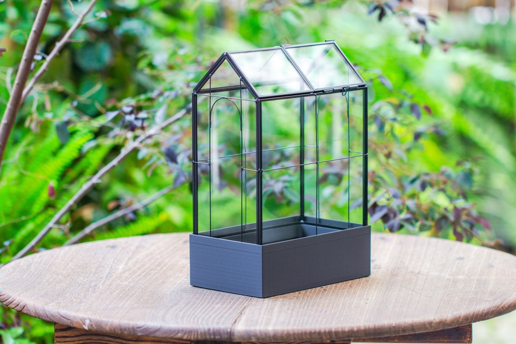 11" Tall Vintage Greenhouse Glass Terrarium with Water - Holding Base and Top Door - NCYPgarden