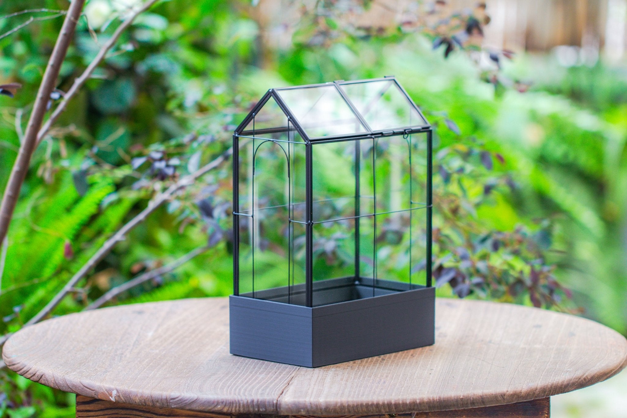 11" Tall Vintage Greenhouse Glass Terrarium with Water - Holding Base and Top Door - NCYPgarden