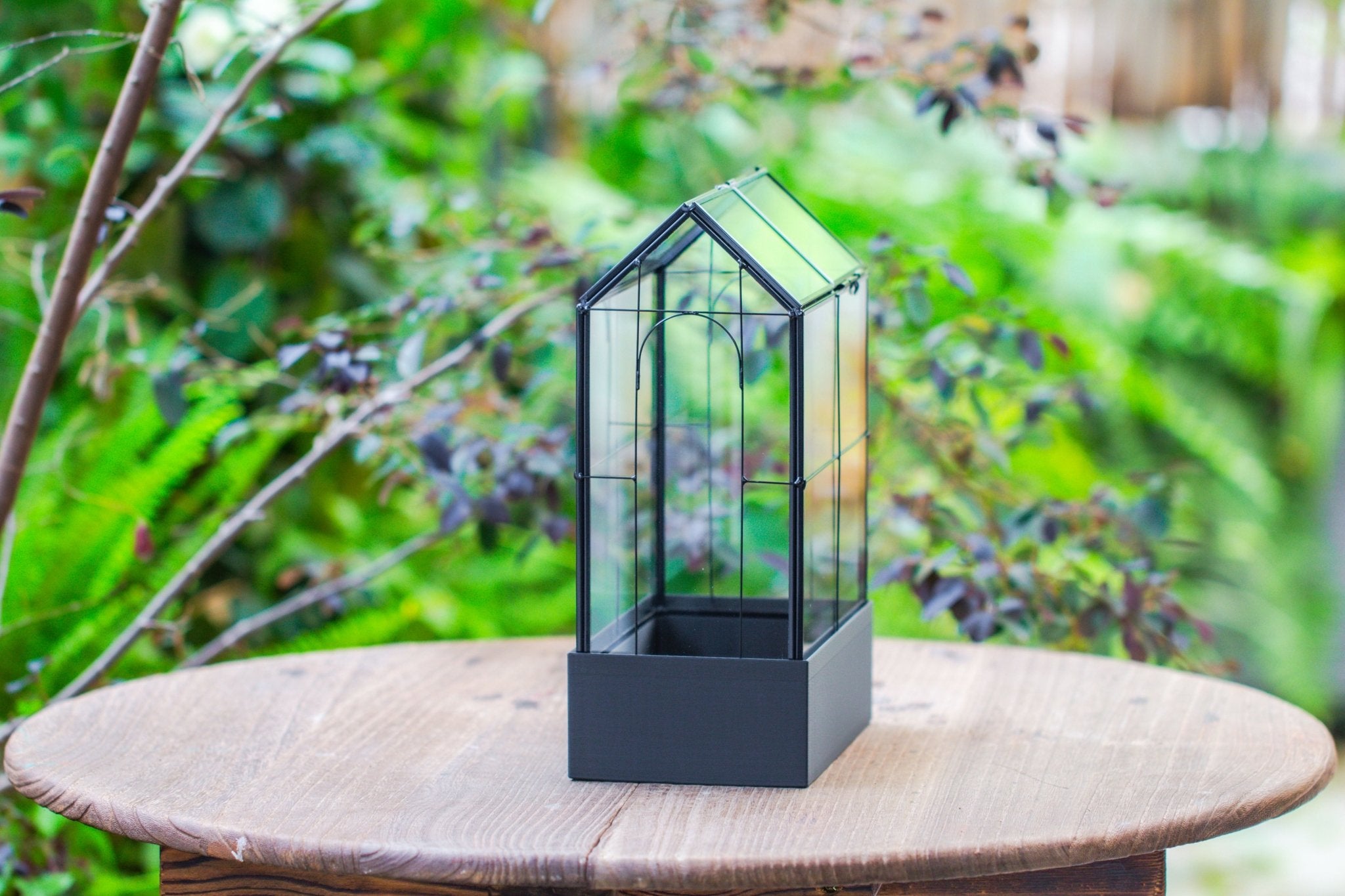 11" Tall Vintage Greenhouse Glass Terrarium with Water - Holding Base and Top Door - NCYPgarden