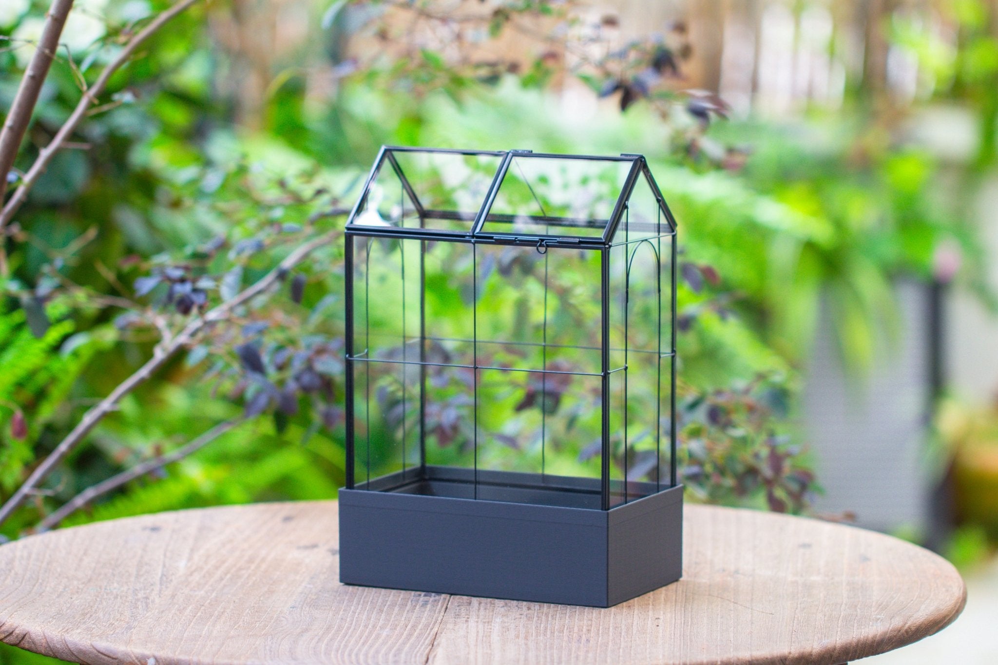 11" Tall Vintage Greenhouse Glass Terrarium with Water - Holding Base and Top Door - NCYPgarden