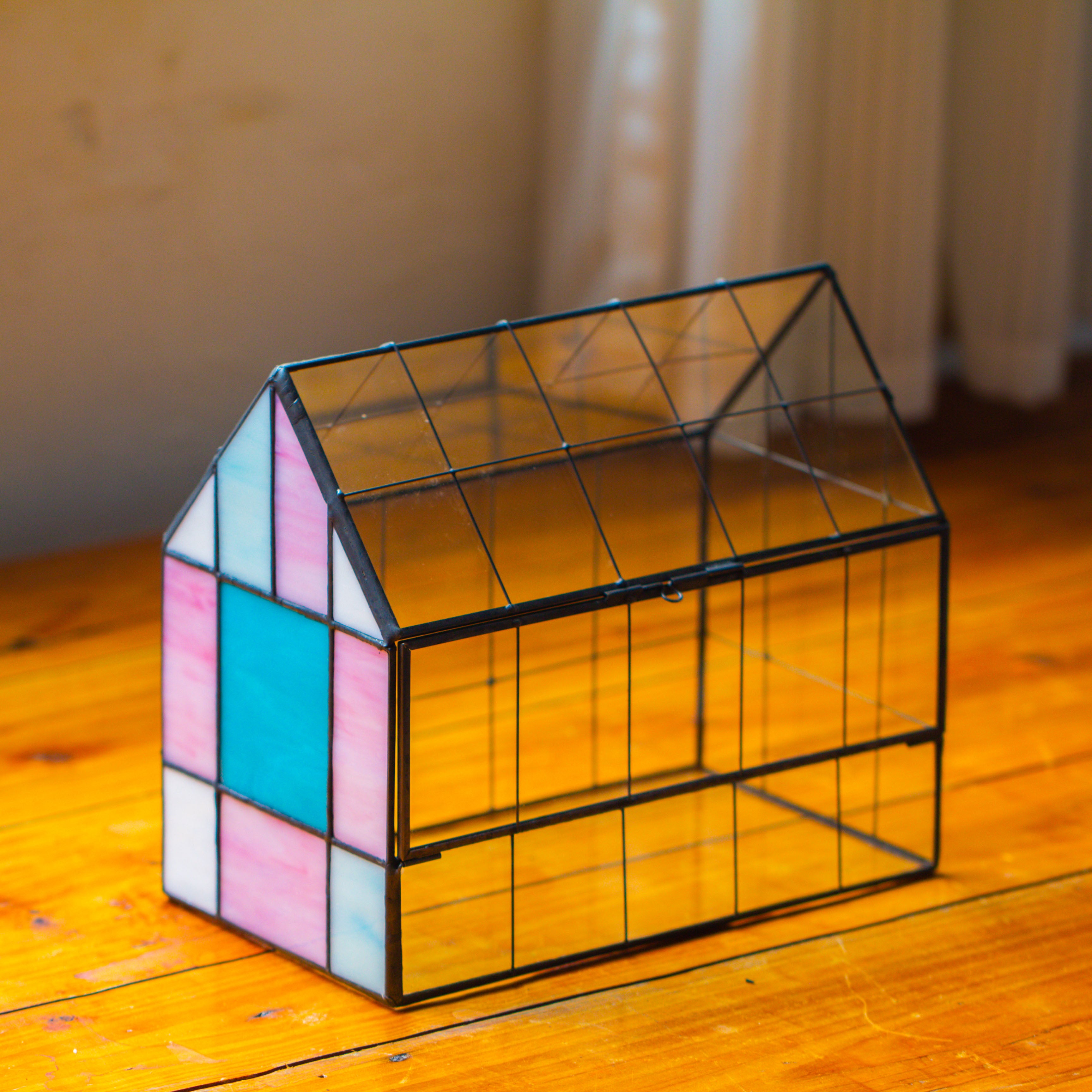 Blue Pink White  Stained Glass House Shape Geometric Terrarium, Vintage Style, Close - NCYPgarden