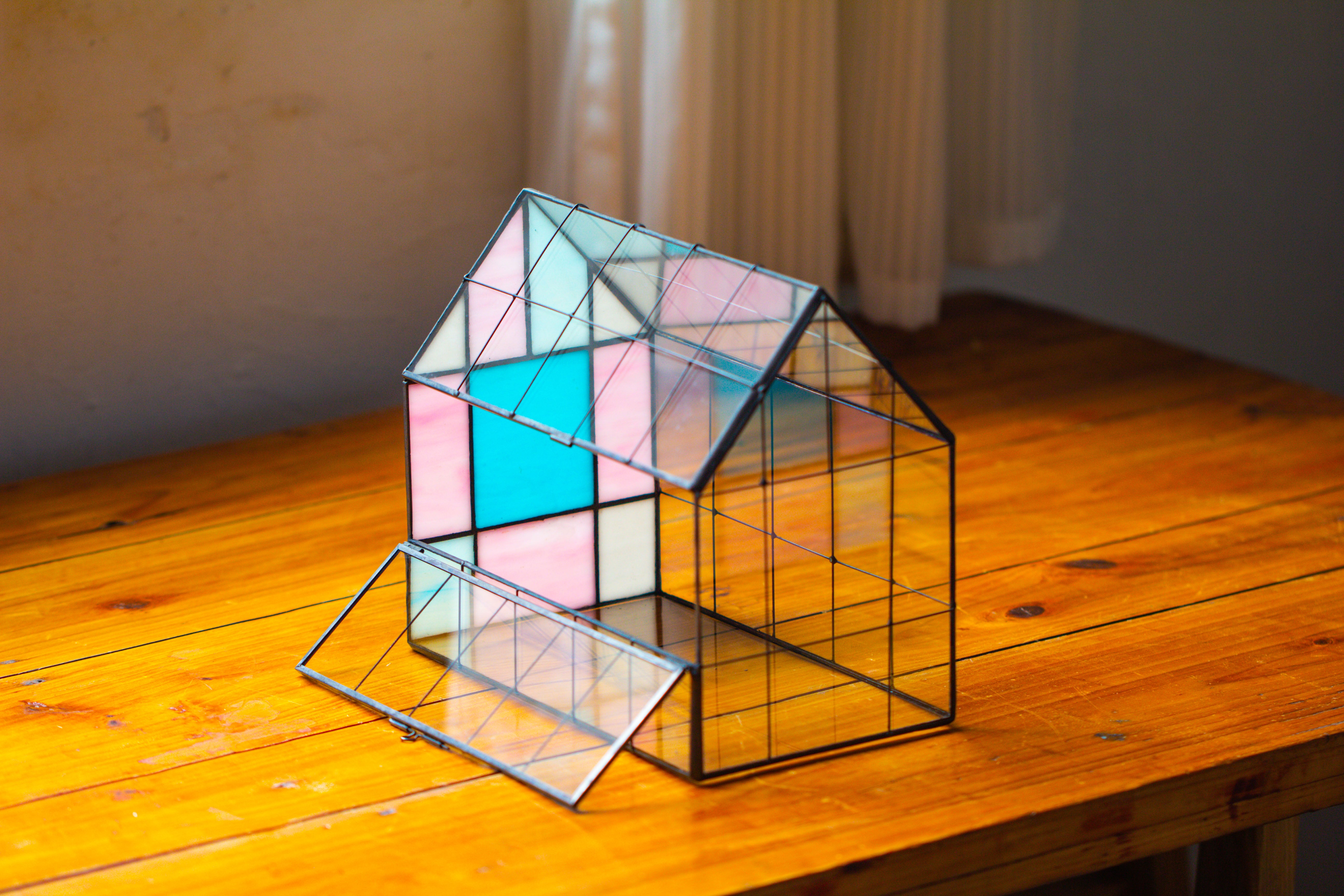 Blue Pink White  Stained Glass House Shape Geometric Terrarium, Vintage Style, Close - NCYPgarden