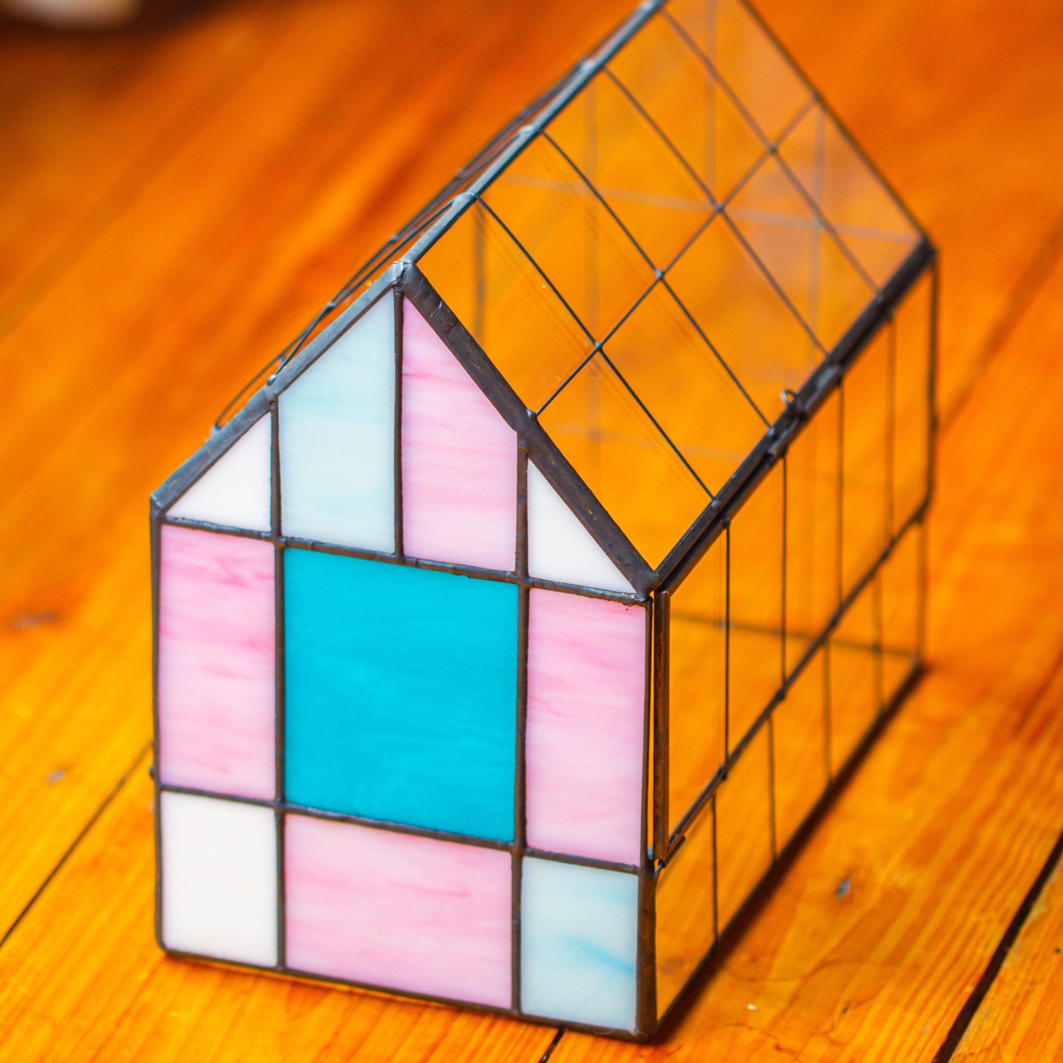 Blue Pink White  Stained Glass House Shape Geometric Terrarium, Vintage Style, Close - NCYPgarden