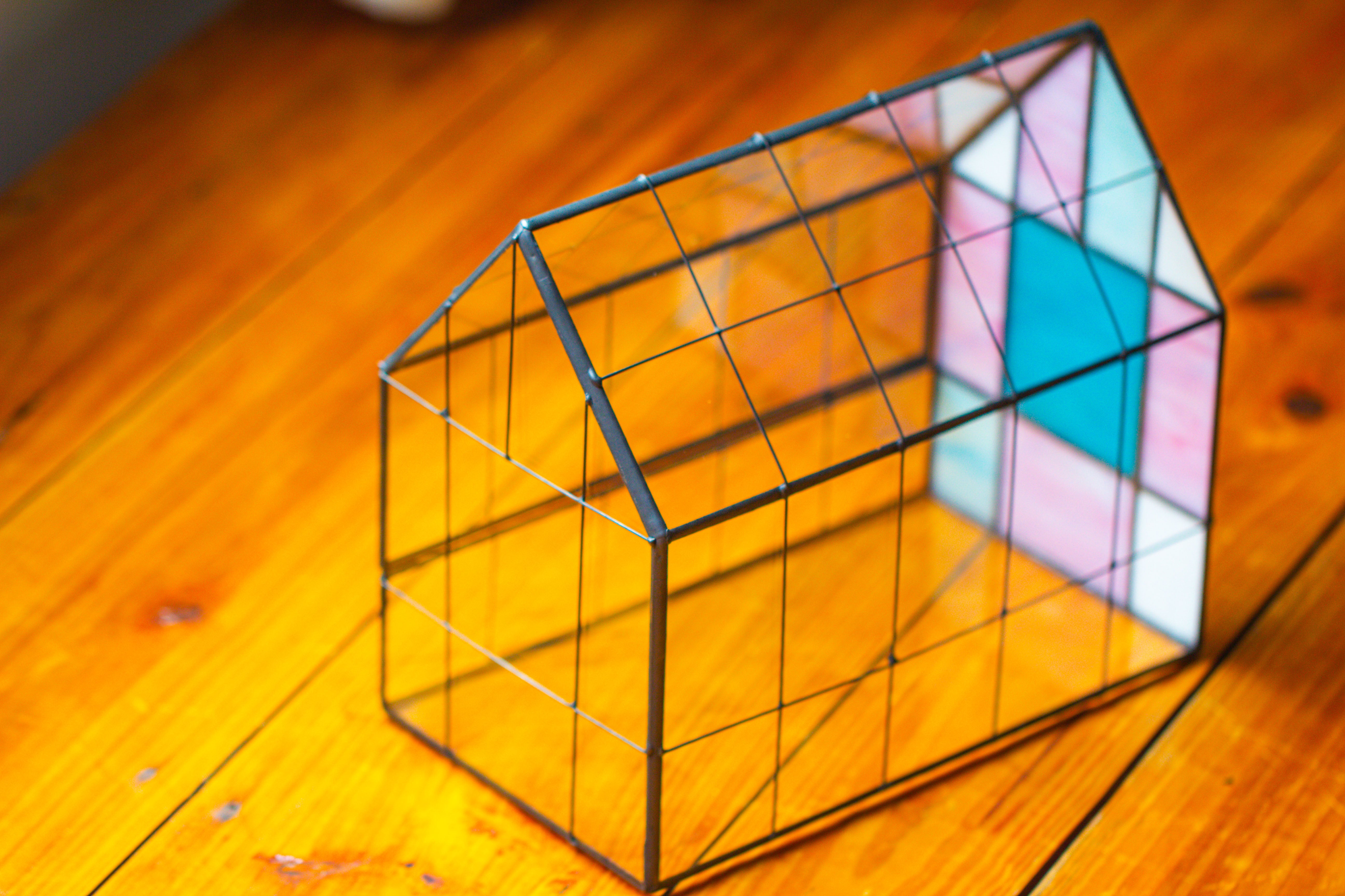 Blue Pink White  Stained Glass House Shape Geometric Terrarium, Vintage Style, Close - NCYPgarden