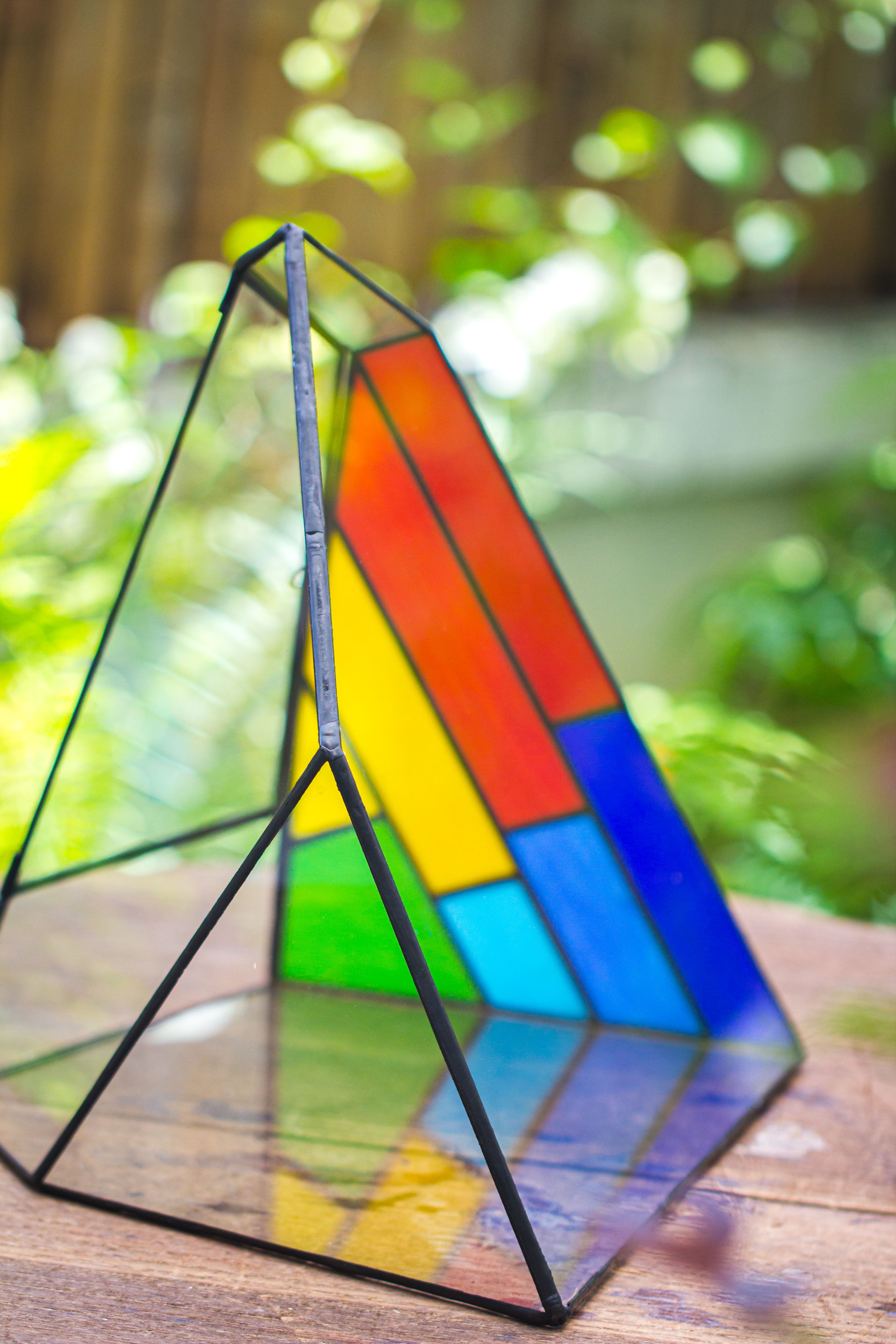 Rainbow Stained Glass Irregular Geometric Ice Peak  Shape Terrarium, Close - NCYPgarden