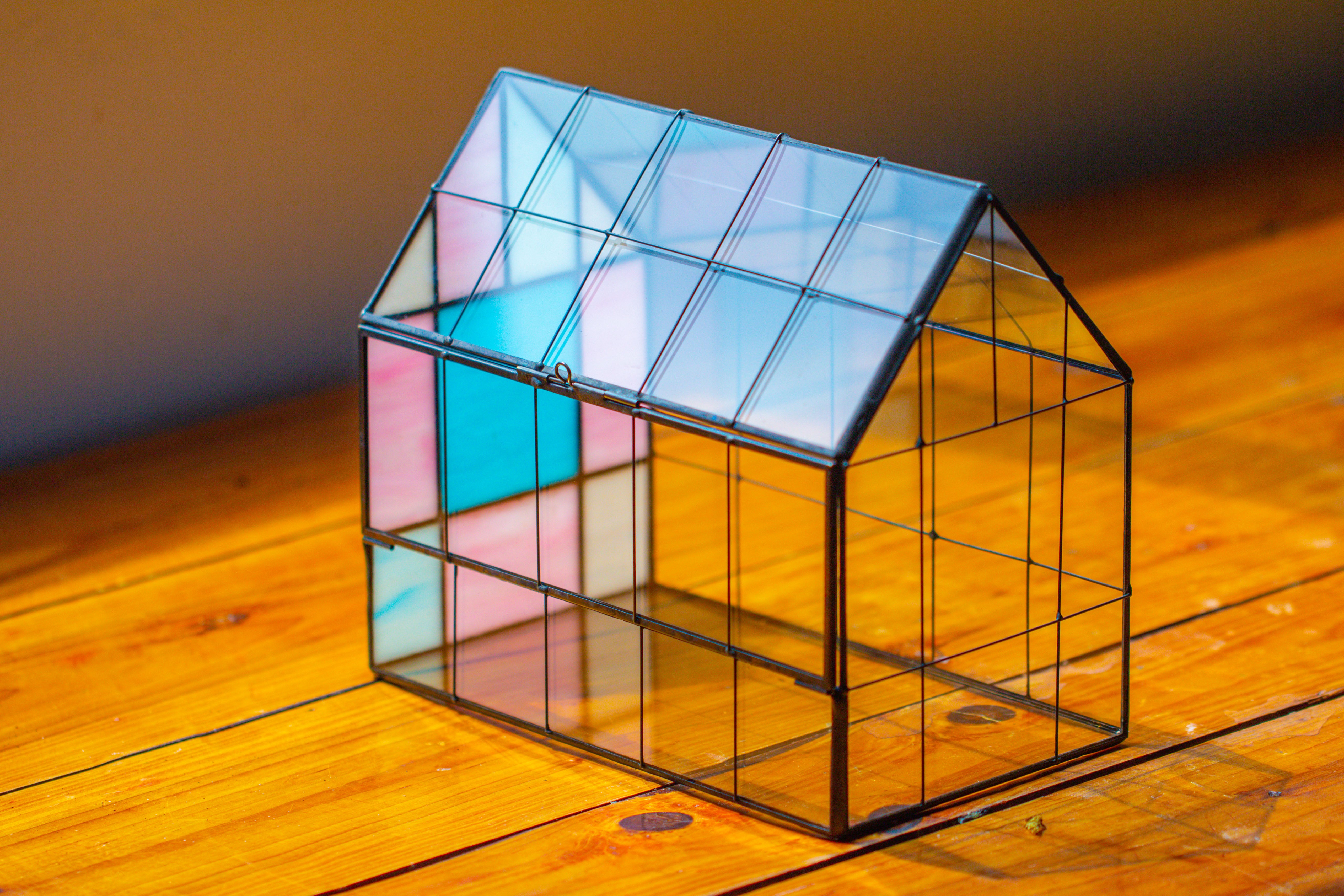Blue Pink White  Stained Glass House Shape Geometric Terrarium, Vintage Style, Close - NCYPgarden
