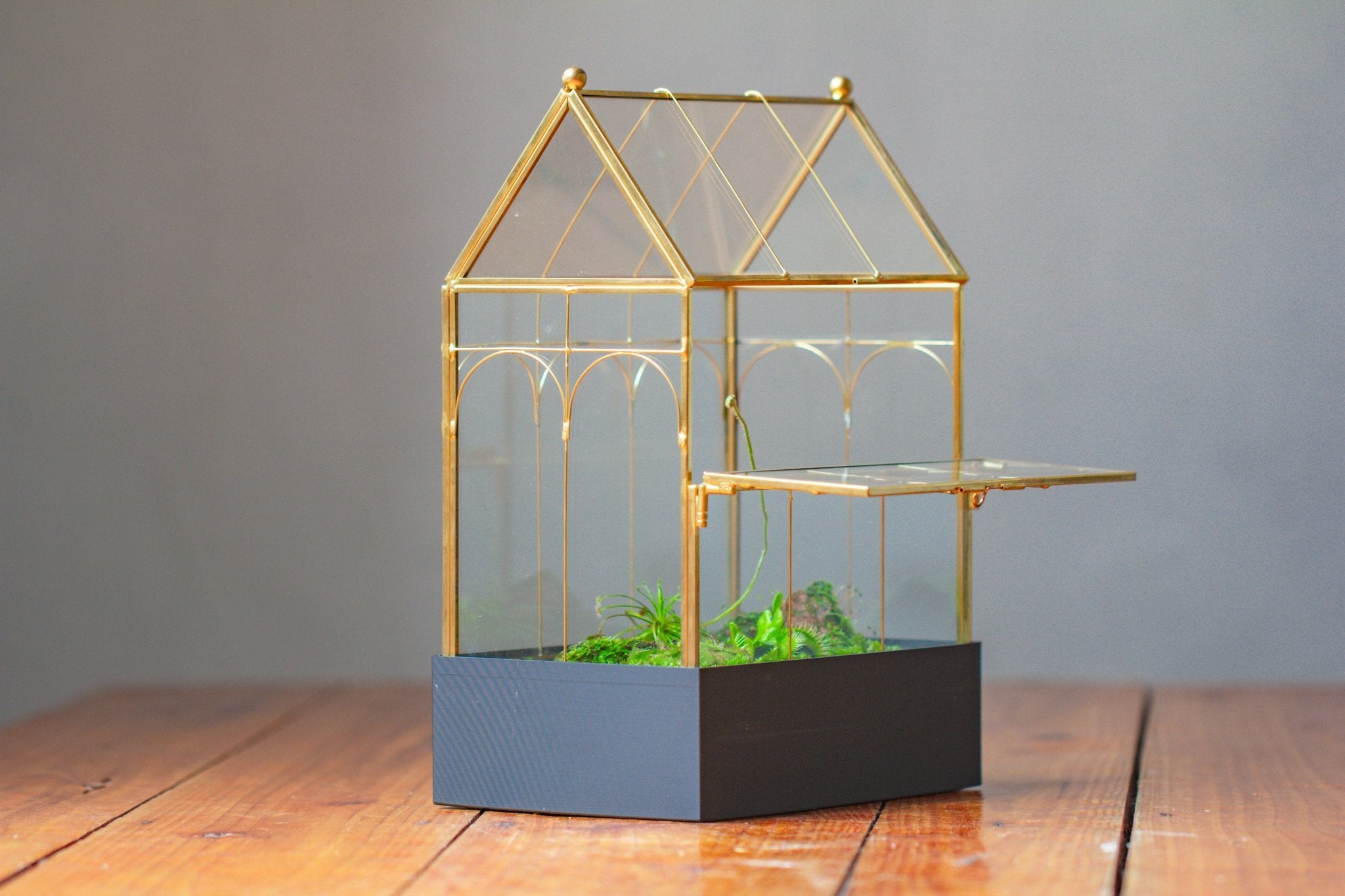 11” Gold Victorian Greenhouse Glass Terrarium with Water - Holding Base and Side Door - NCYPgarden