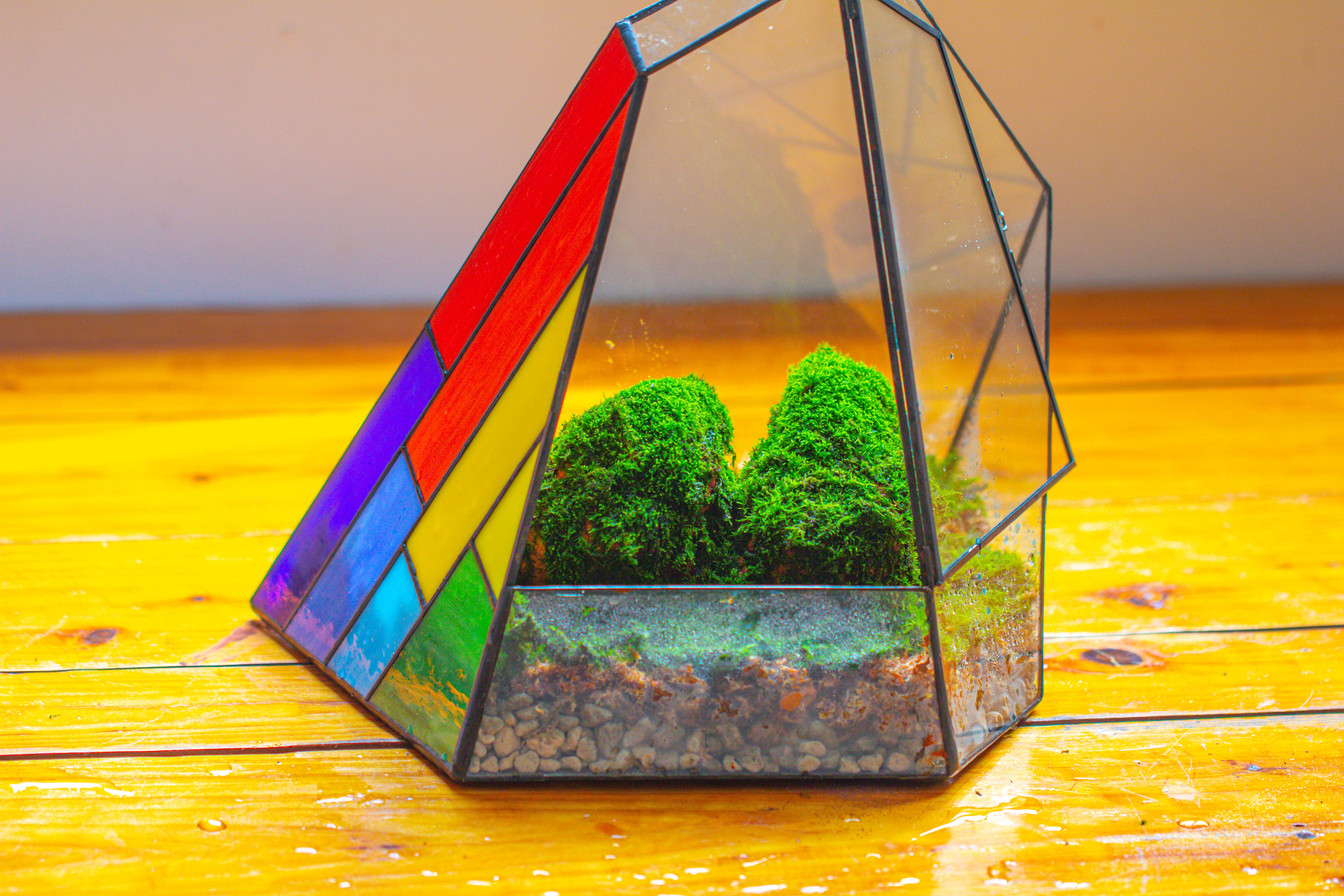 Rainbow Stained Glass Irregular Geometric Ice Peak  Shape Terrarium, Close - NCYPgarden