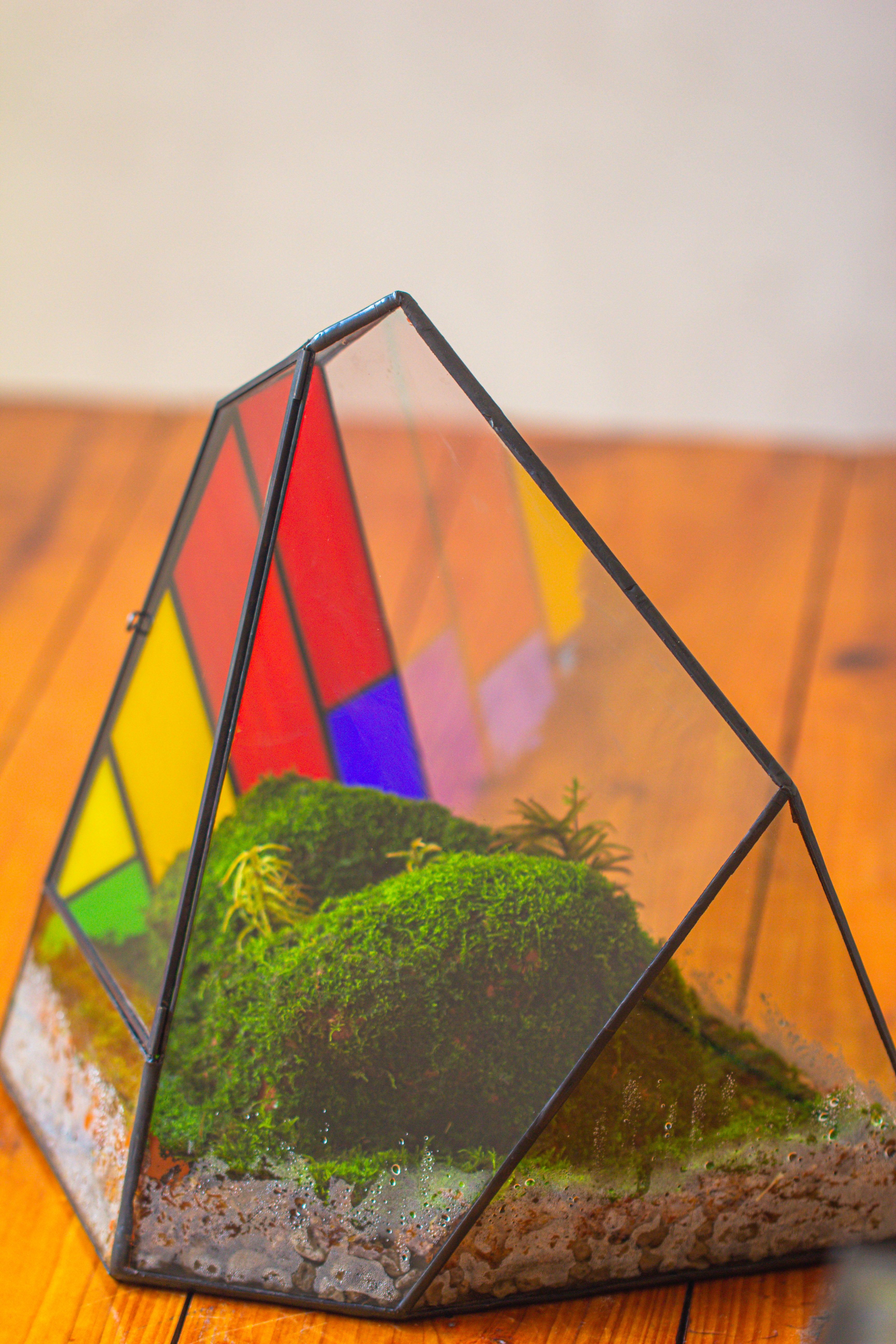 Rainbow Stained Glass Irregular Geometric Ice Peak  Shape Terrarium, Close - NCYPgarden
