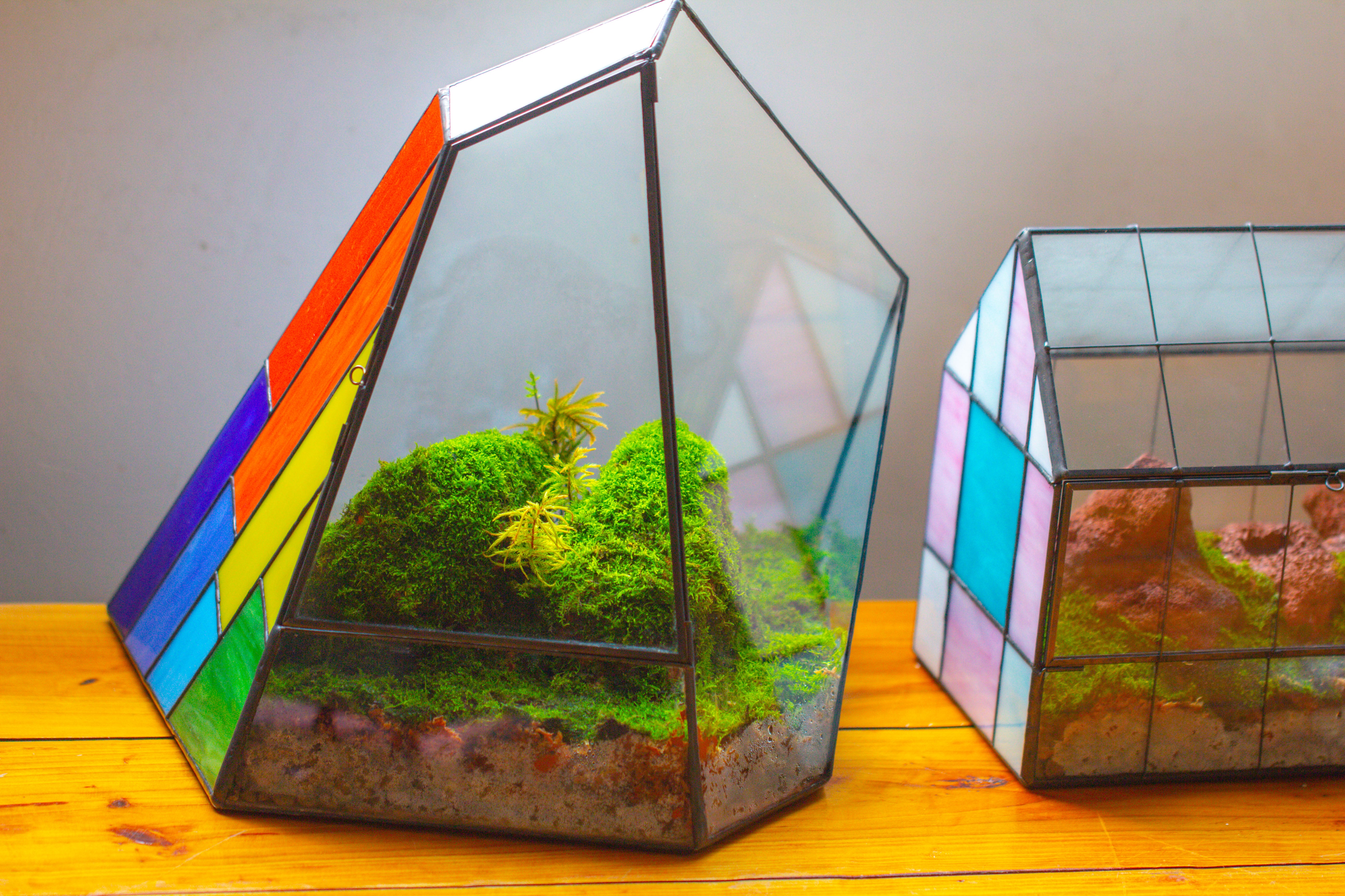 Rainbow Stained Glass Irregular Geometric Ice Peak  Shape Terrarium, Close - NCYPgarden