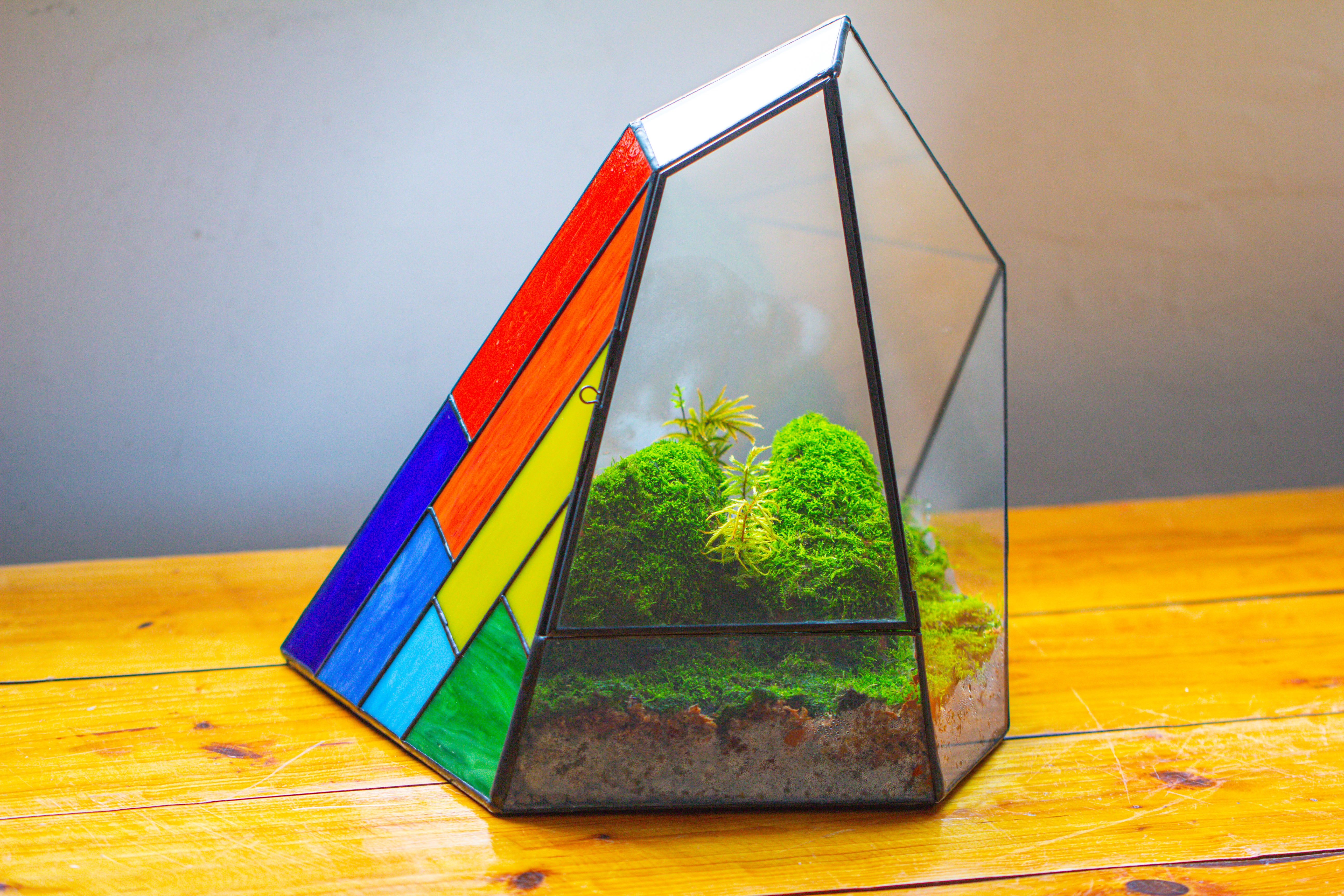 Rainbow Stained Glass Irregular Geometric Ice Peak  Shape Terrarium, Close - NCYPgarden
