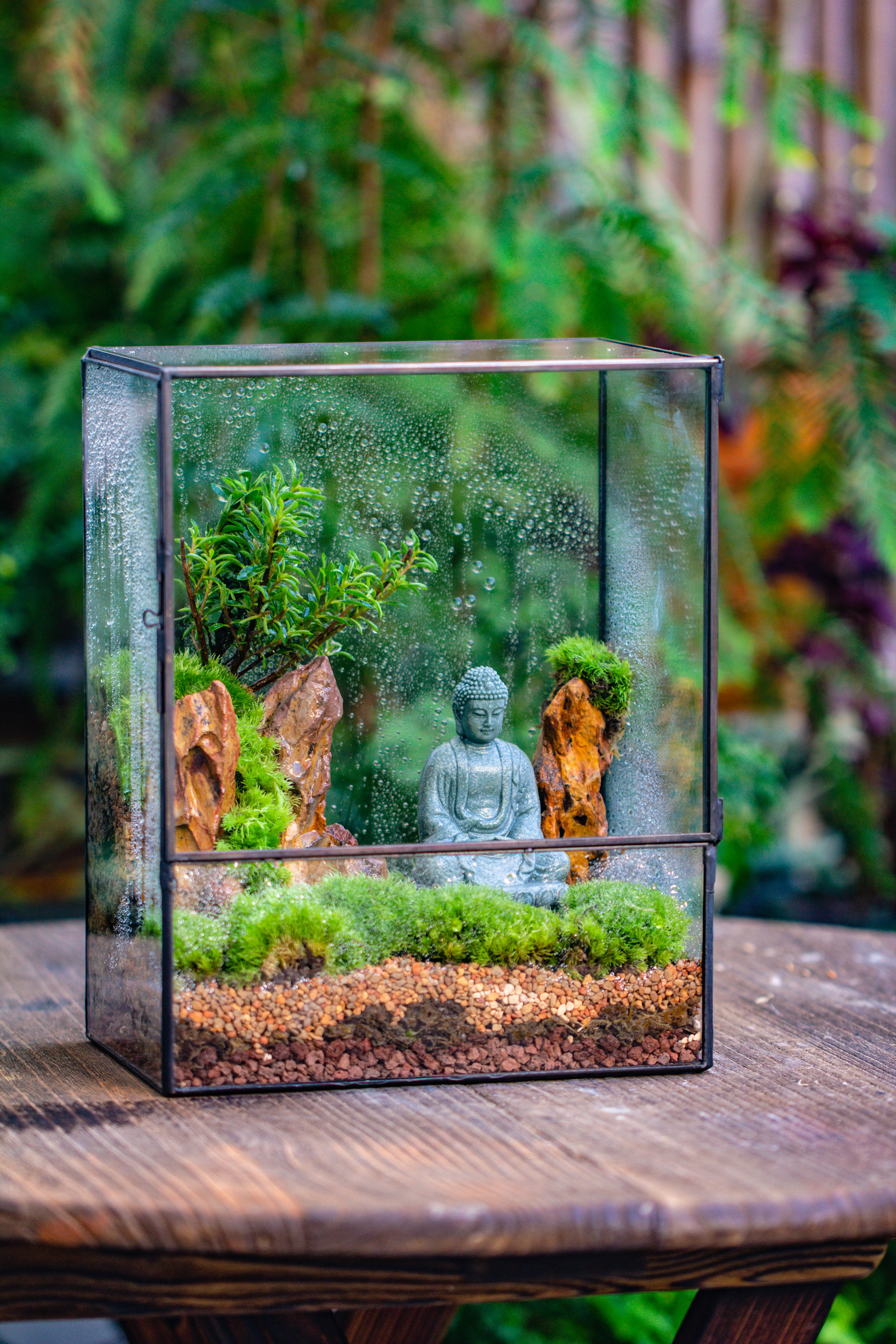 Close Geometric Glass Tin Terrarium , 8x10" and Buddha, rock, Micro Landscape Moss Terrarium Building DIY set No plants, Customizable - NCYPgarden