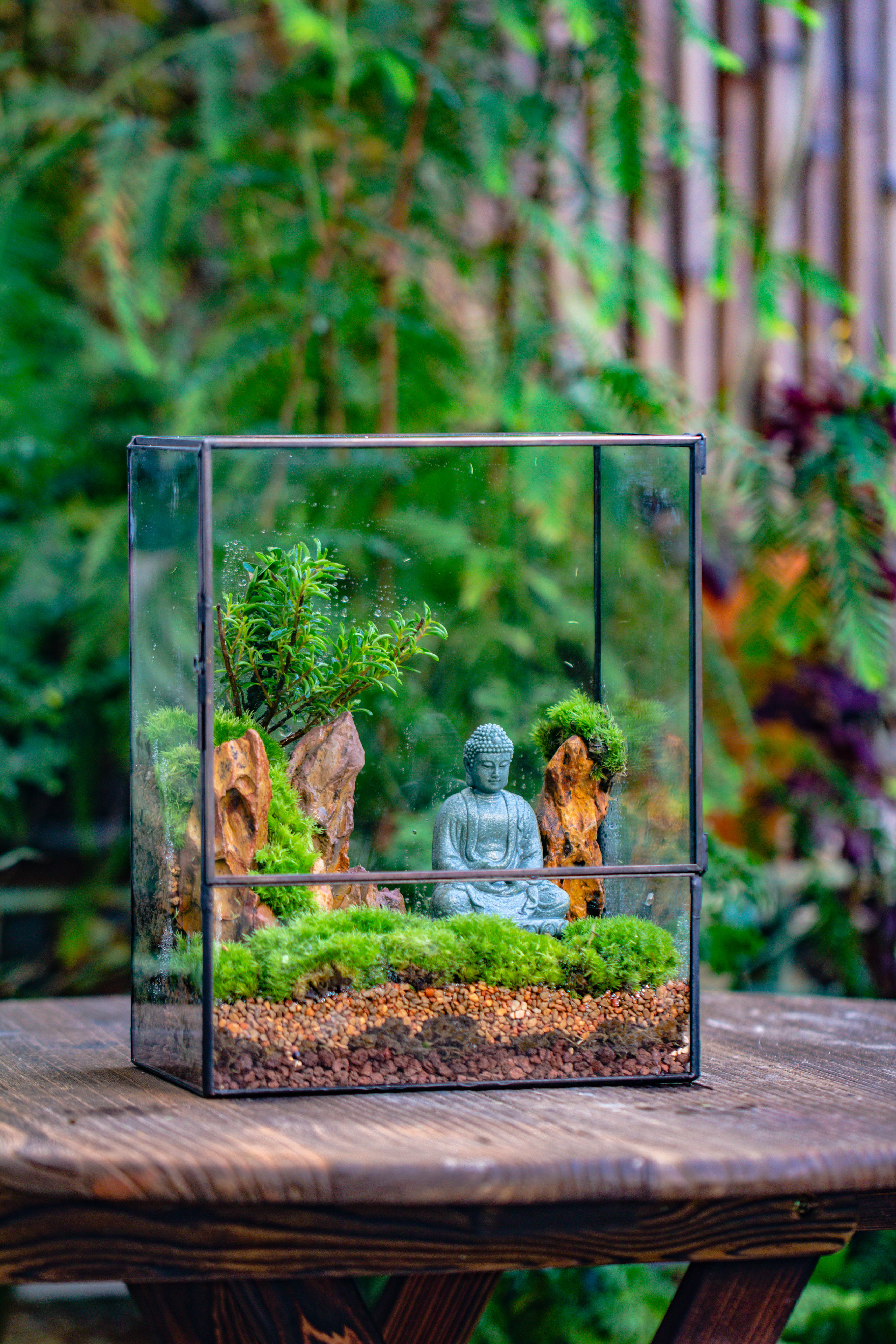 Close Geometric Glass Tin Terrarium , 8x10" and Buddha, rock, Micro Landscape Moss Terrarium Building DIY set No plants, Customizable - NCYPgarden