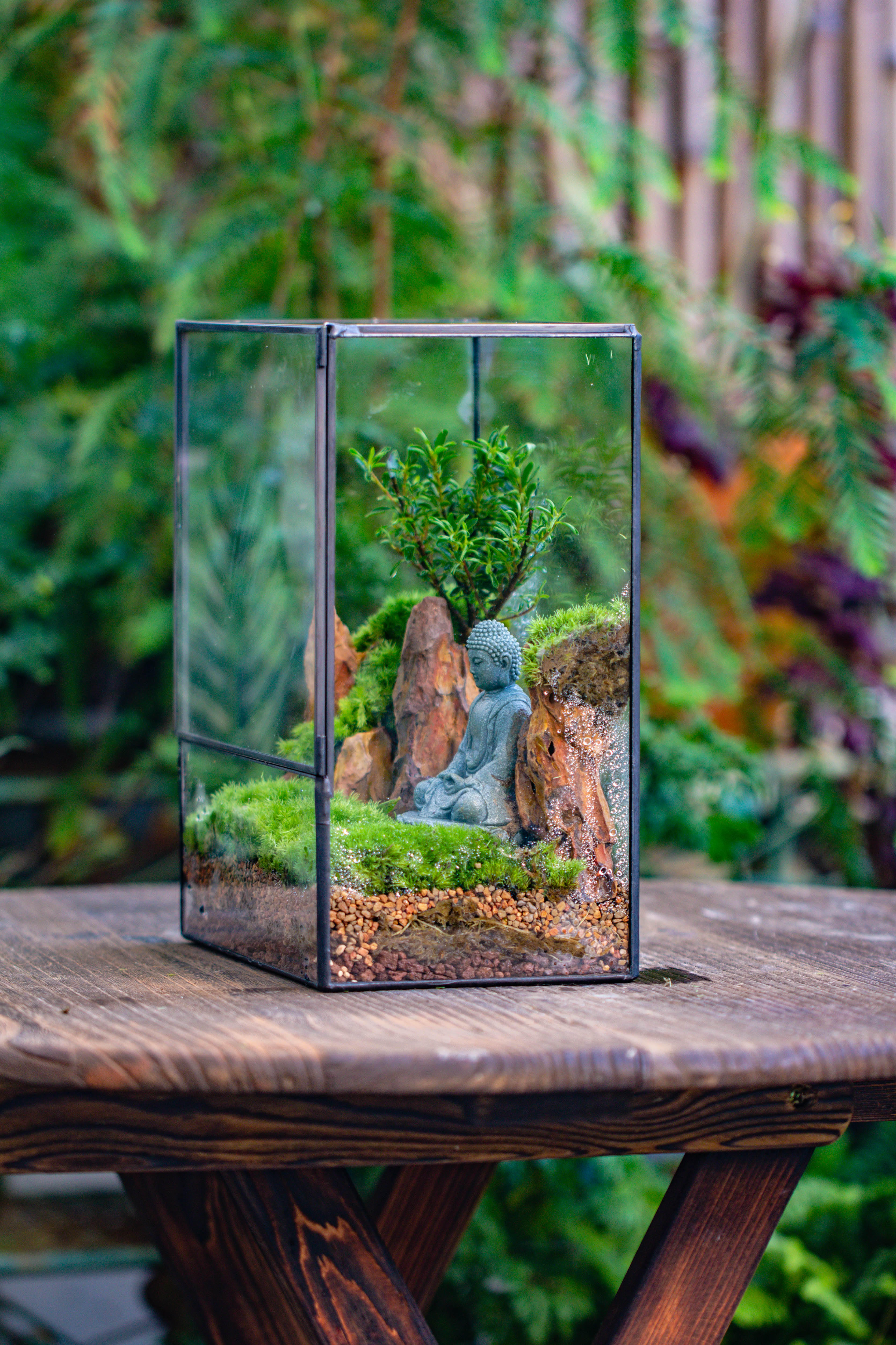 Close Geometric Glass Tin Terrarium , 8x10" and Buddha, rock, Micro Landscape Moss Terrarium Building DIY set No plants, Customizable - NCYPgarden