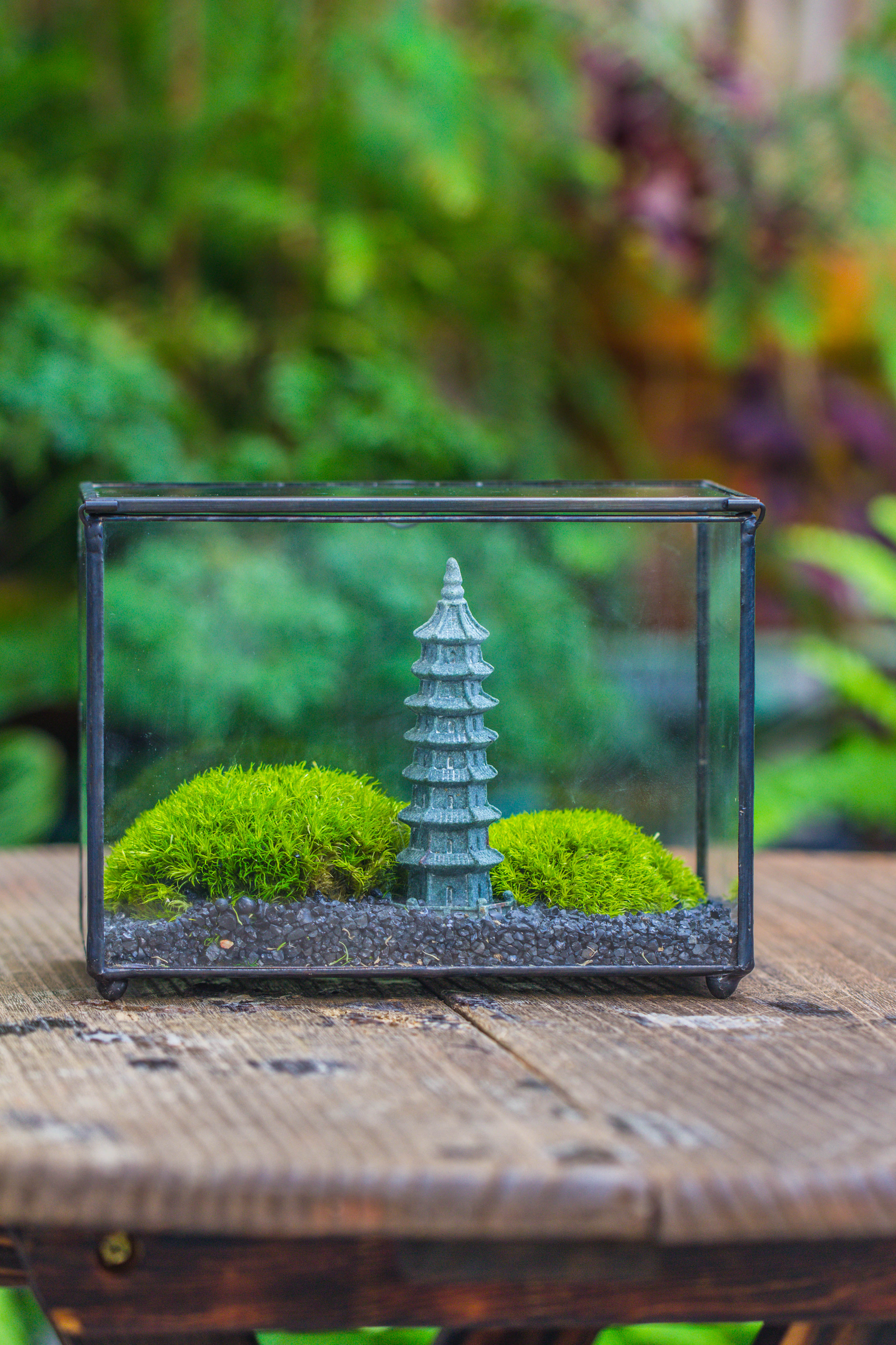 Preserved moss terrarium Miniature DIY set, Japanese Zen Style, Preserved Leucobryum moss and pagoda, 17*10*12cm / 6.7 x 3.9 x 4.7" - NCYPgarden