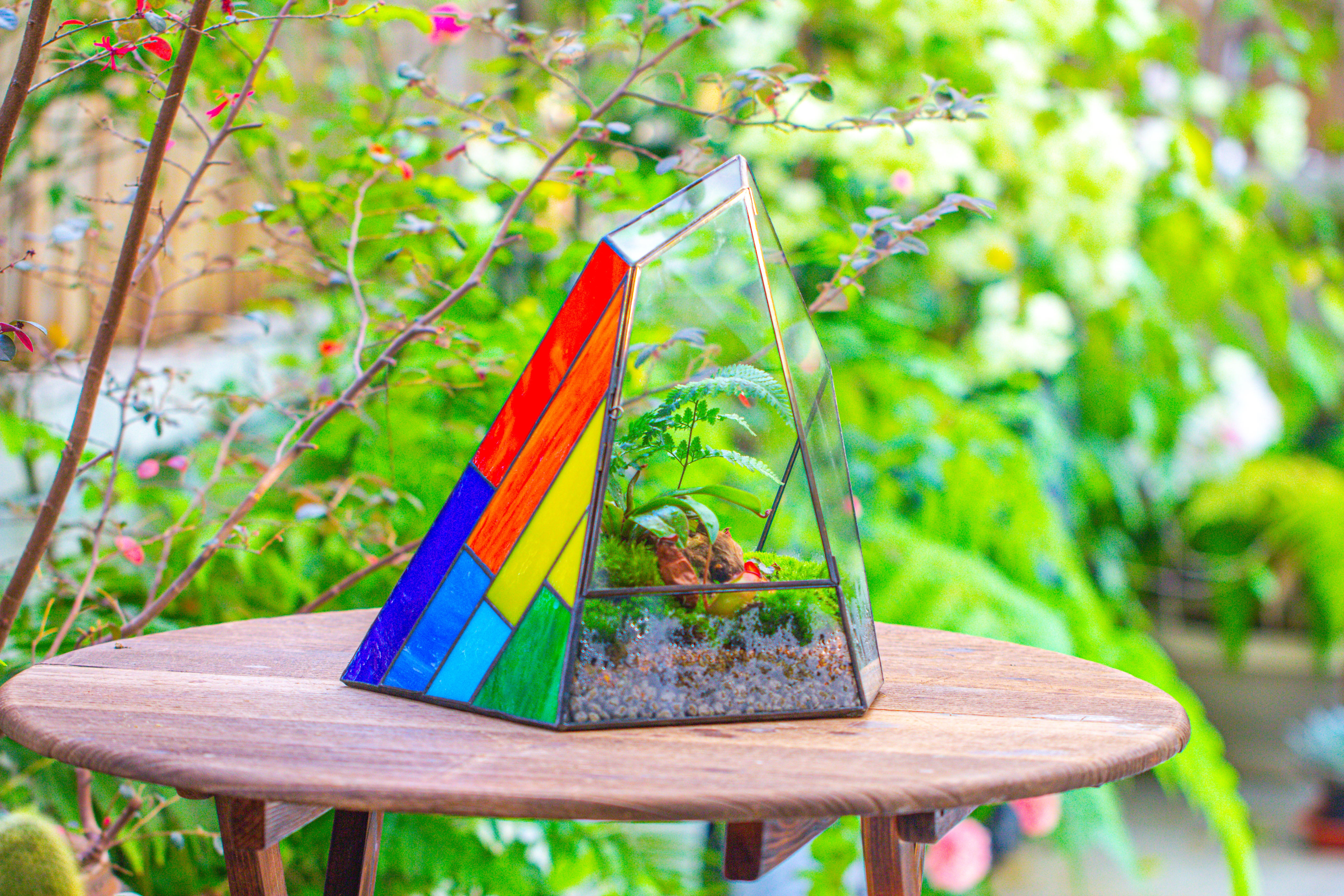 Rainbow Stained Glass Irregular Geometric Ice Peak  Shape Terrarium, Close - NCYPgarden
