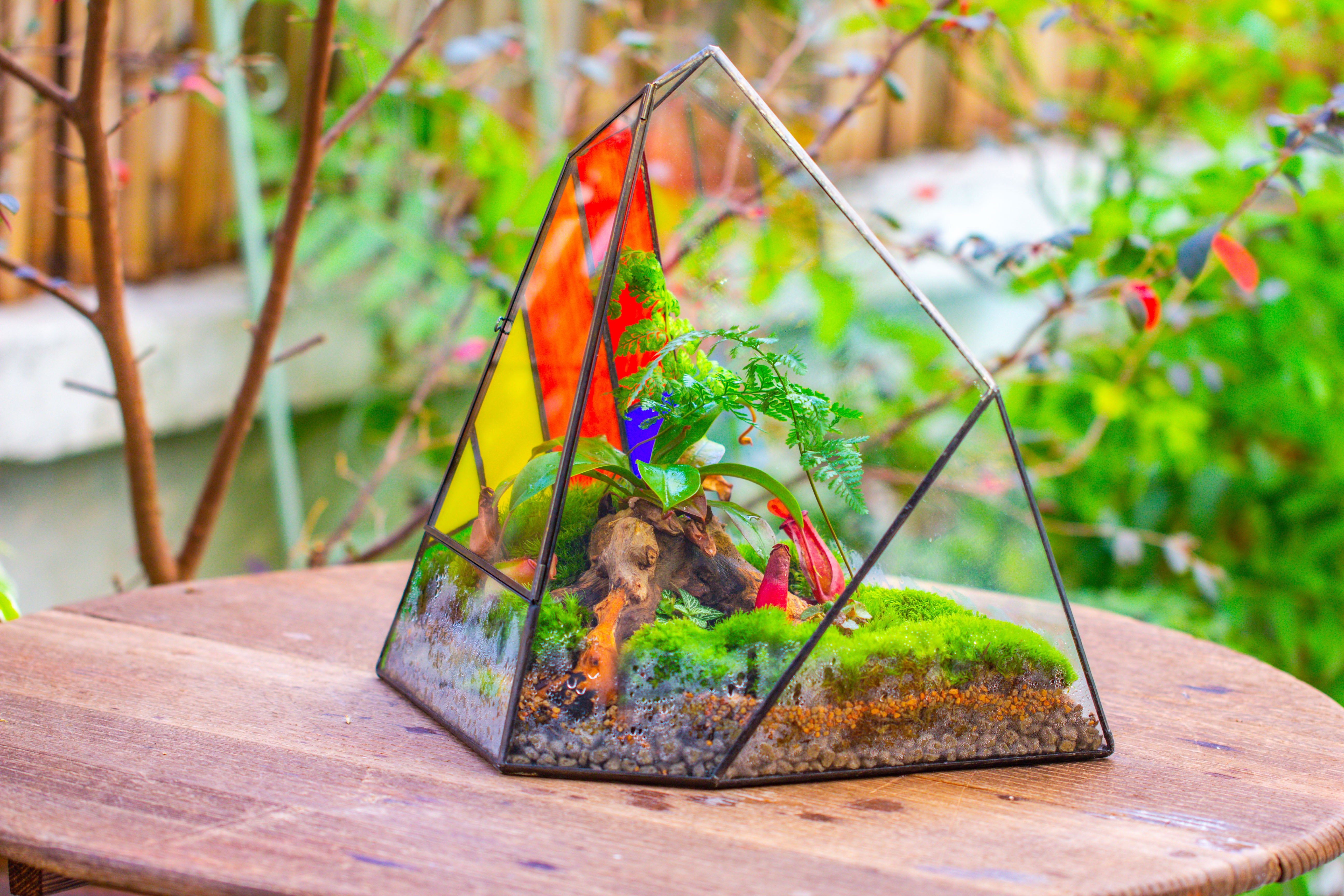 Rainbow Stained Glass Irregular Geometric Ice Peak  Shape Terrarium, Close - NCYPgarden