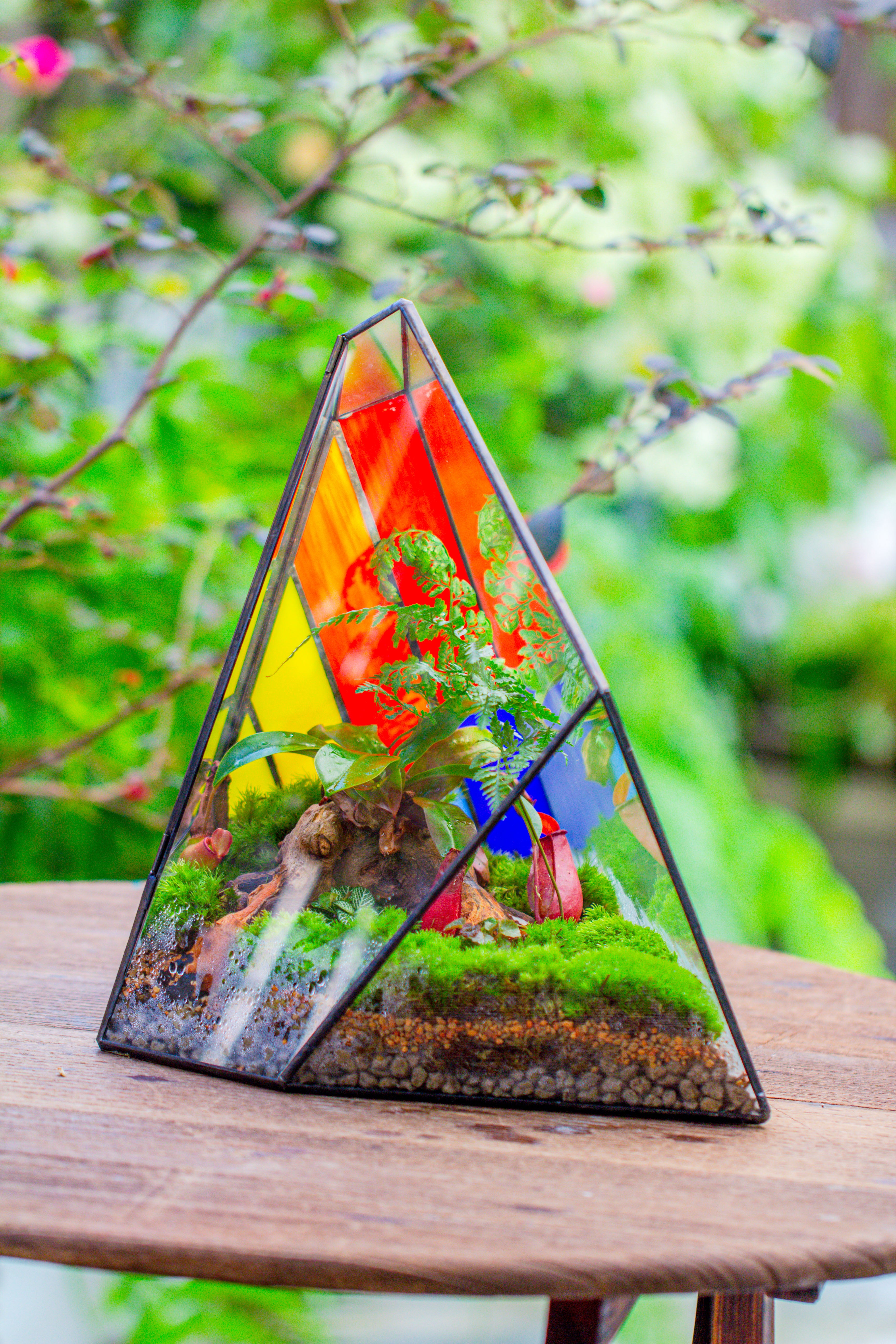 Rainbow Stained Glass Irregular Geometric Ice Peak  Shape Terrarium, Close - NCYPgarden