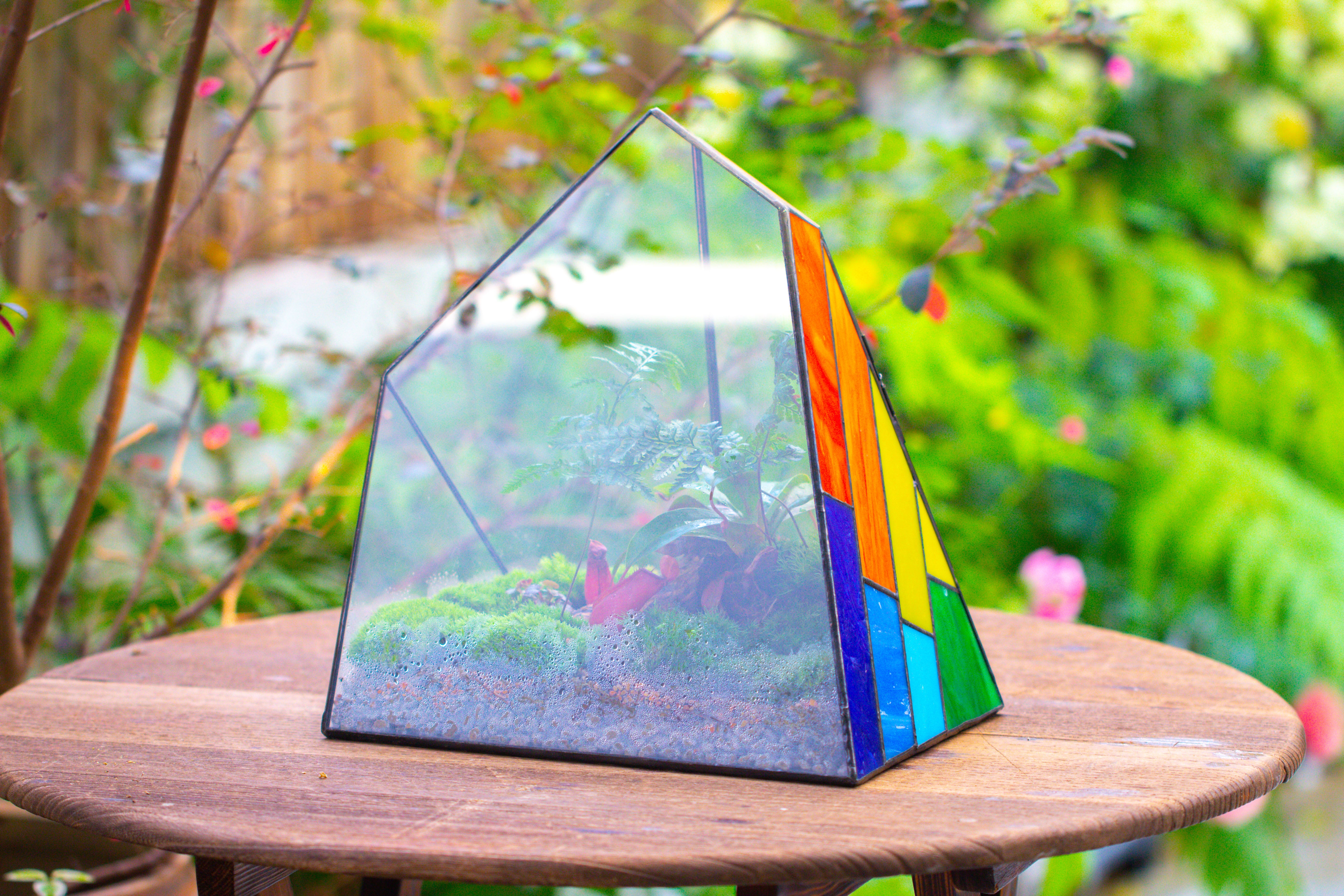 Rainbow Stained Glass Irregular Geometric Ice Peak  Shape Terrarium, Close - NCYPgarden