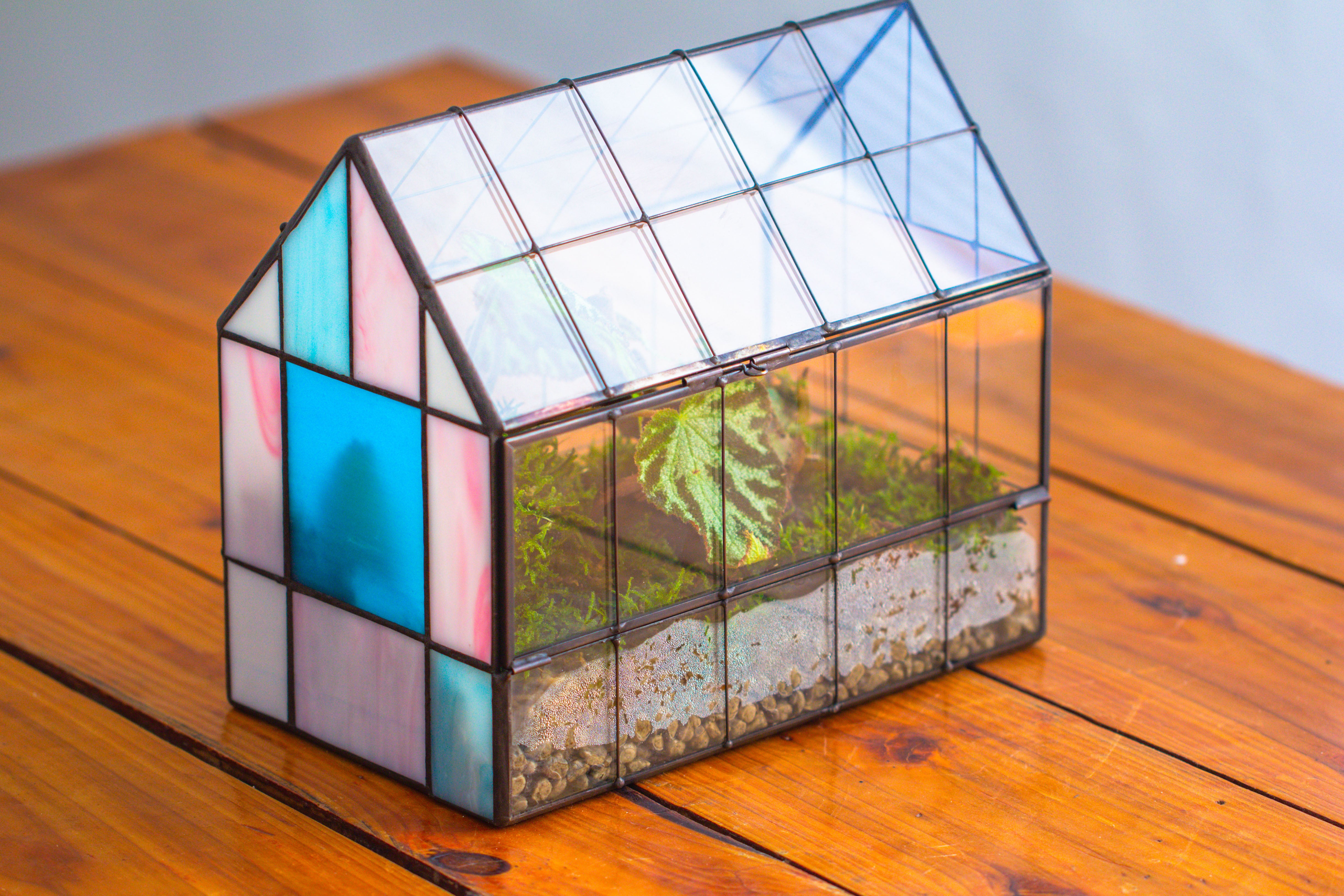 Blue Pink White  Stained Glass House Shape Geometric Terrarium, Vintage Style, Close - NCYPgarden