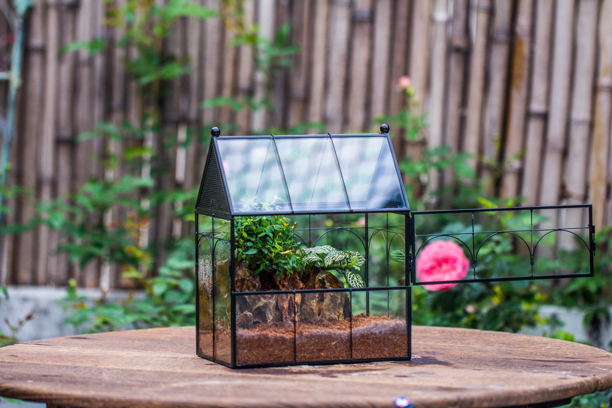 NCYP Vintage House Shape Tin and Glass Geometric Terrarium, with side