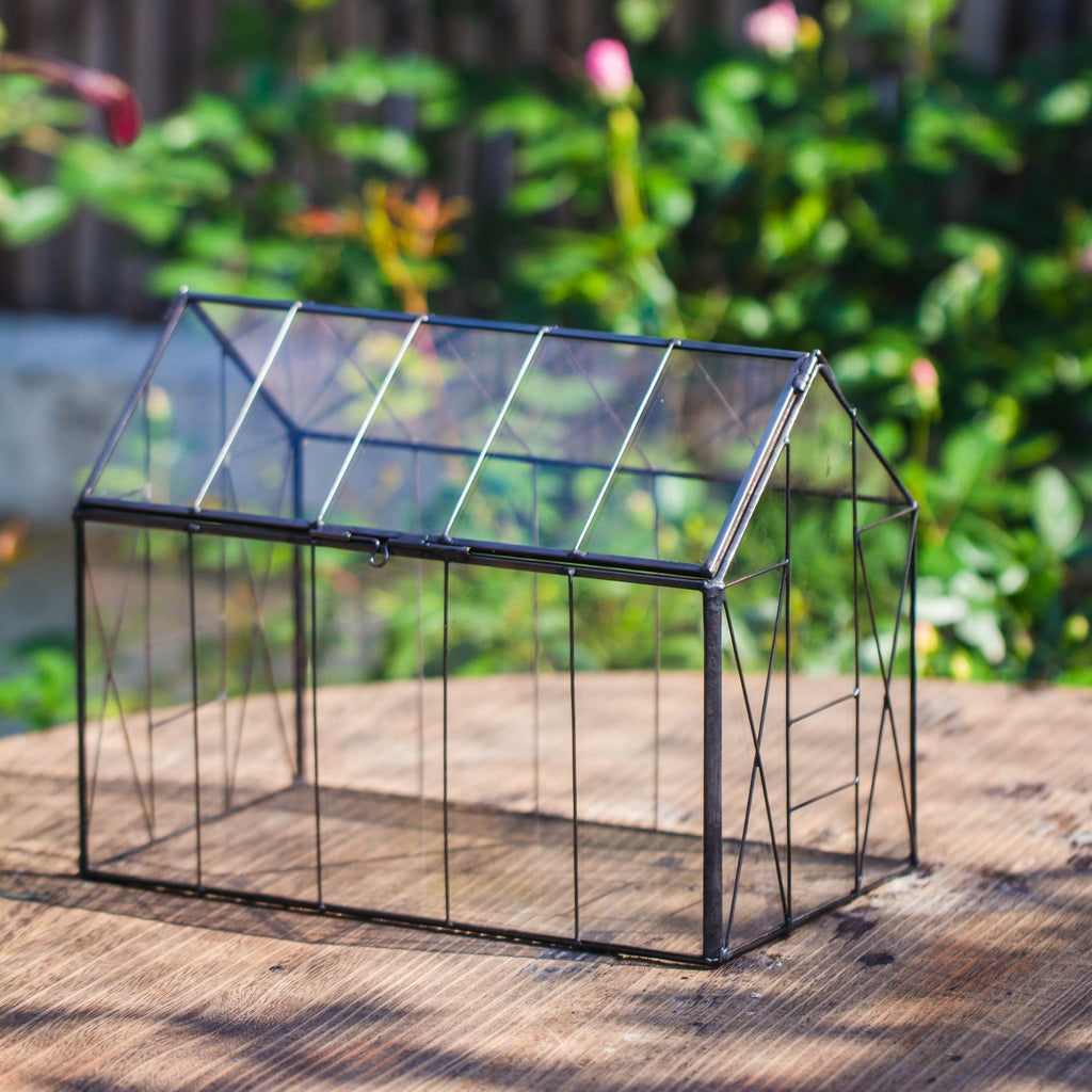 Vintge Greenhouse inspired tin and glass geometric Terrarium