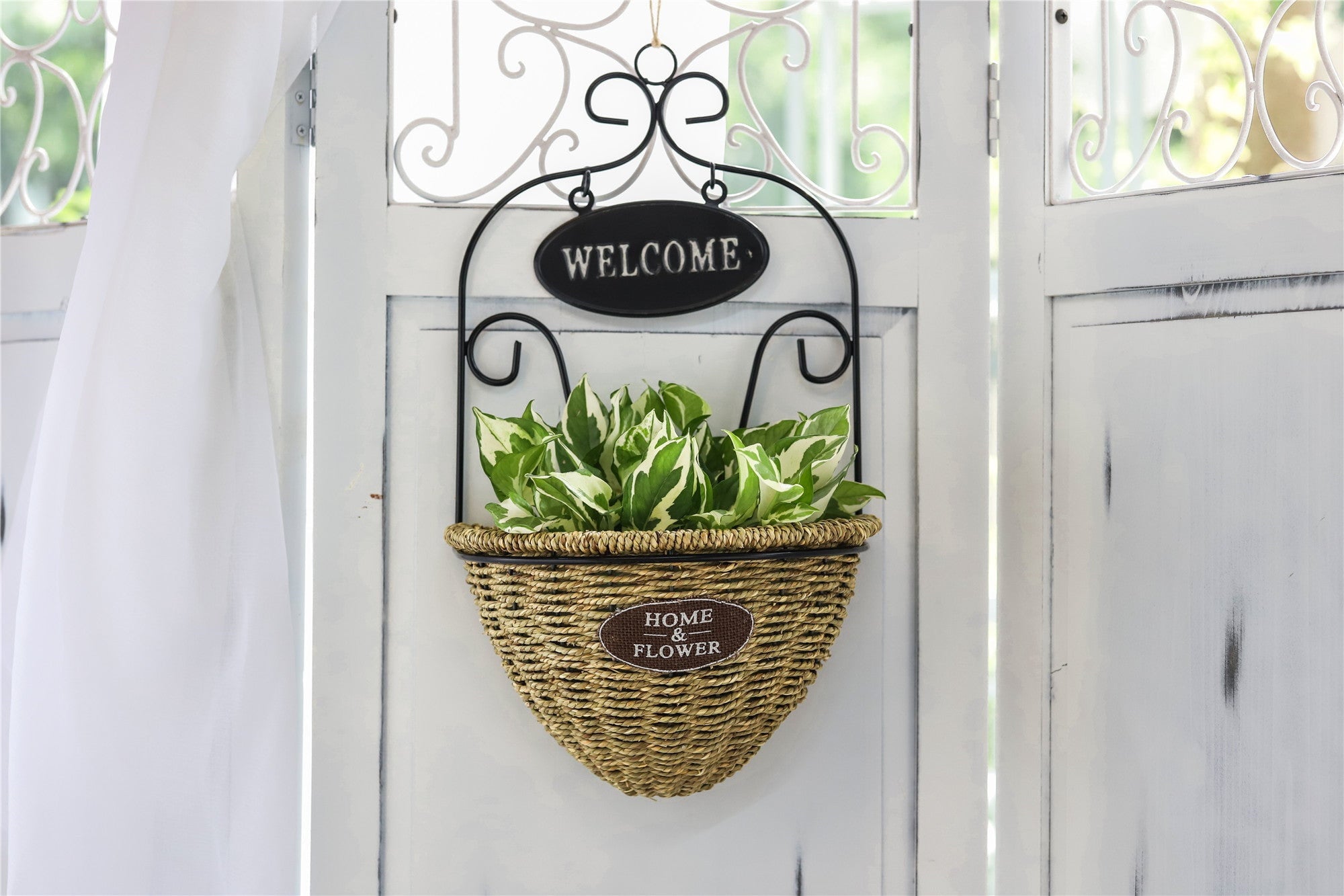 NCYP 2Pcs Wall Hanging Flower Basket Demilune Shape Handmade Woven Planter Flower Pot Black Metal - NCYPgarden