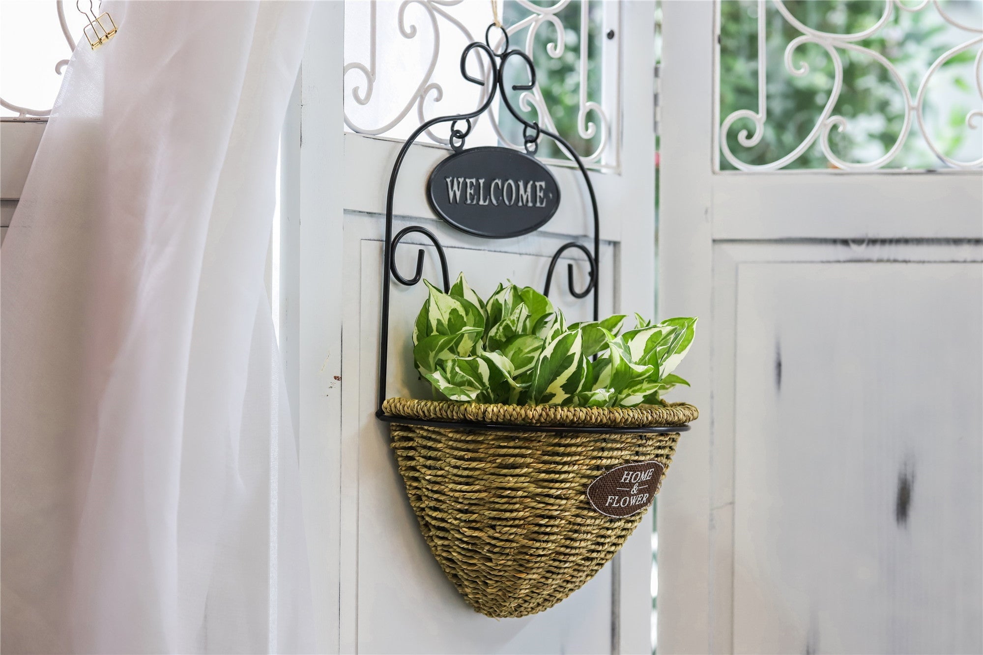 woven plant basket hanging NCYP 2Pcs Wall Hanging Flower Basket Demilune Shape Handmade Woven Planter Flower Pot Black Metal