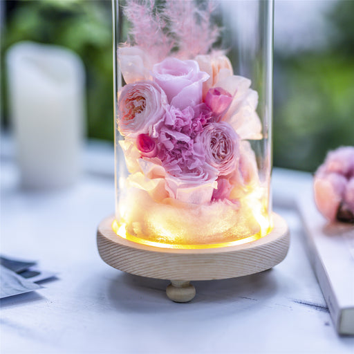Glass Dome with LED Light Wood Base Cloche Bell for Rose Model Figurine Flowers Centerpiece - NCYPgarden
