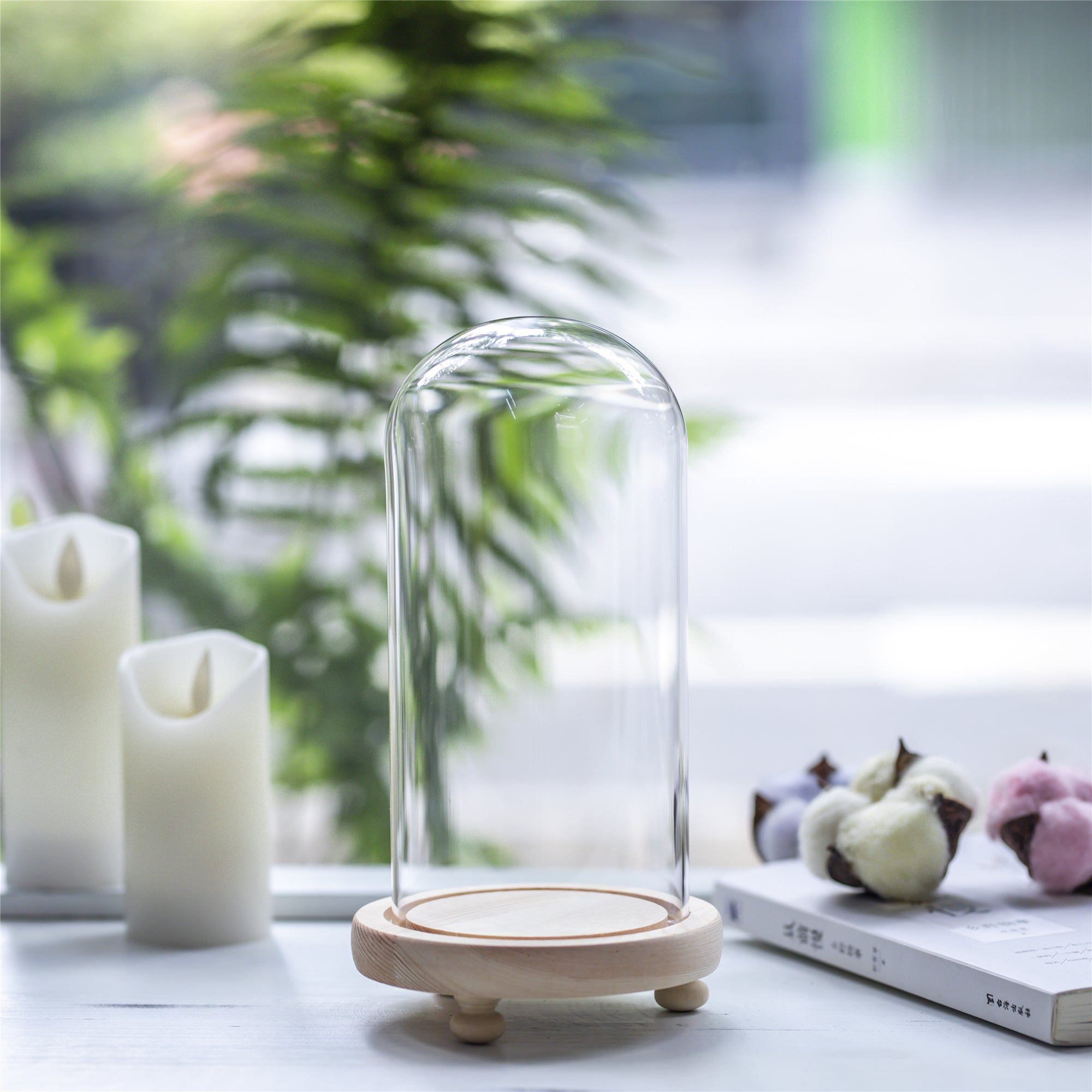 Glass Dome with LED Light Wood Base Cloche Bell for Rose Model Figurine Flowers Centerpiece - NCYPgarden