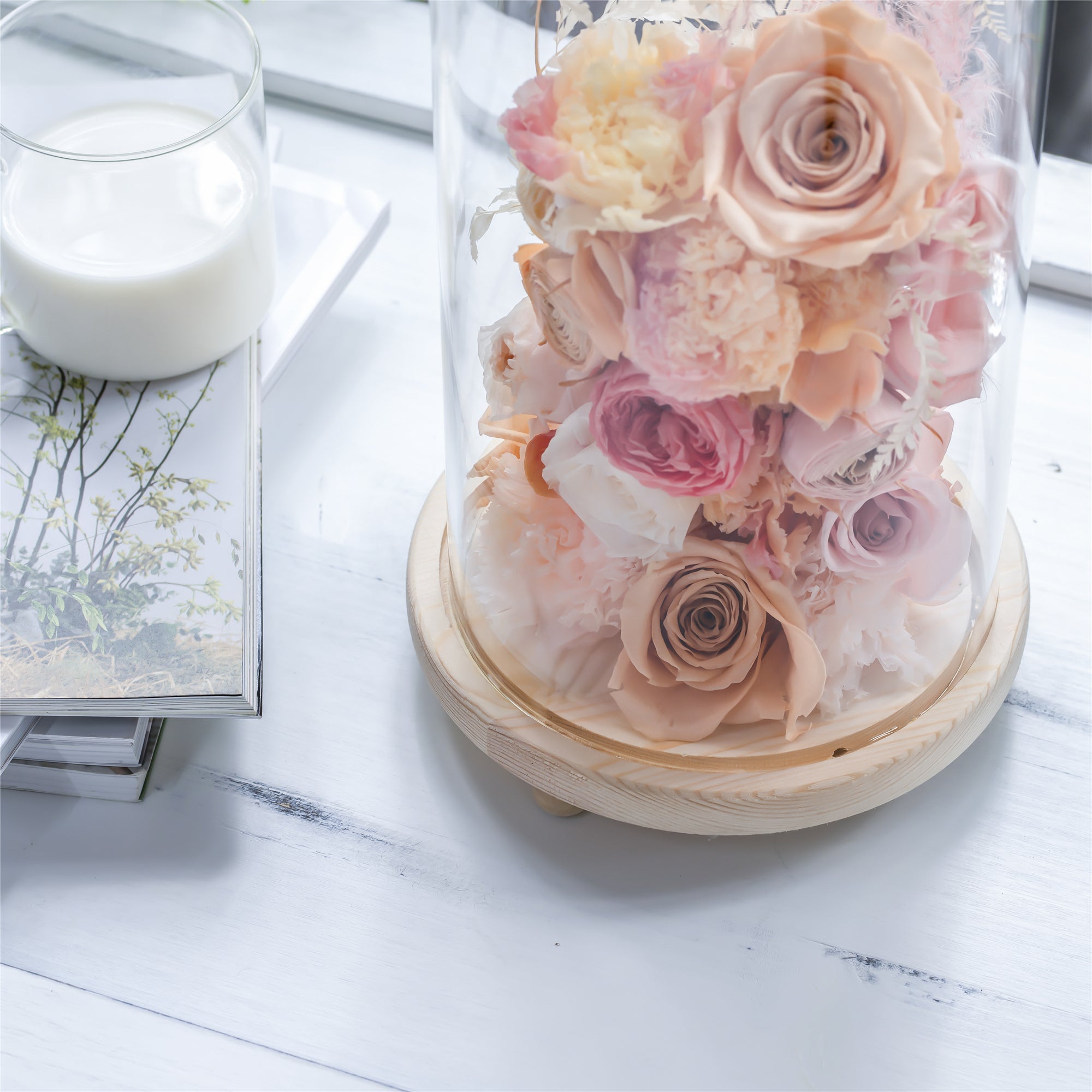 Handmade Glass Dome with LED Light Wood Base Cloche Bell Round for Rose Model Figurine Flowers - NCYPgarden