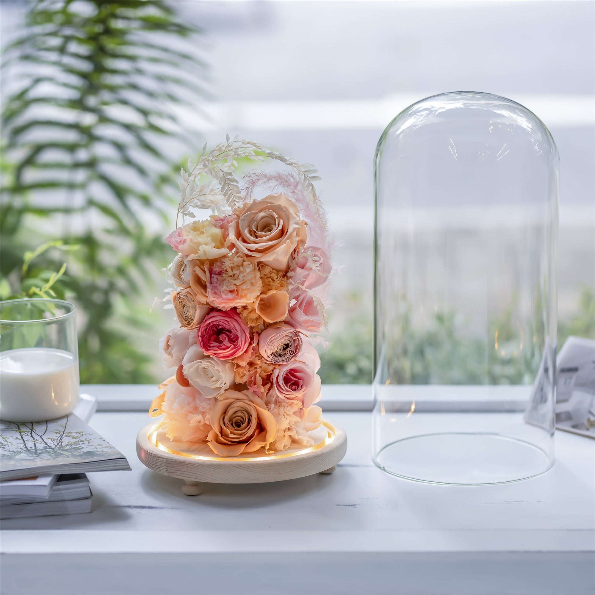 Handmade Glass Dome with LED Light Wood Base Cloche Bell Round for Rose Model Figurine Flowers - NCYPgarden