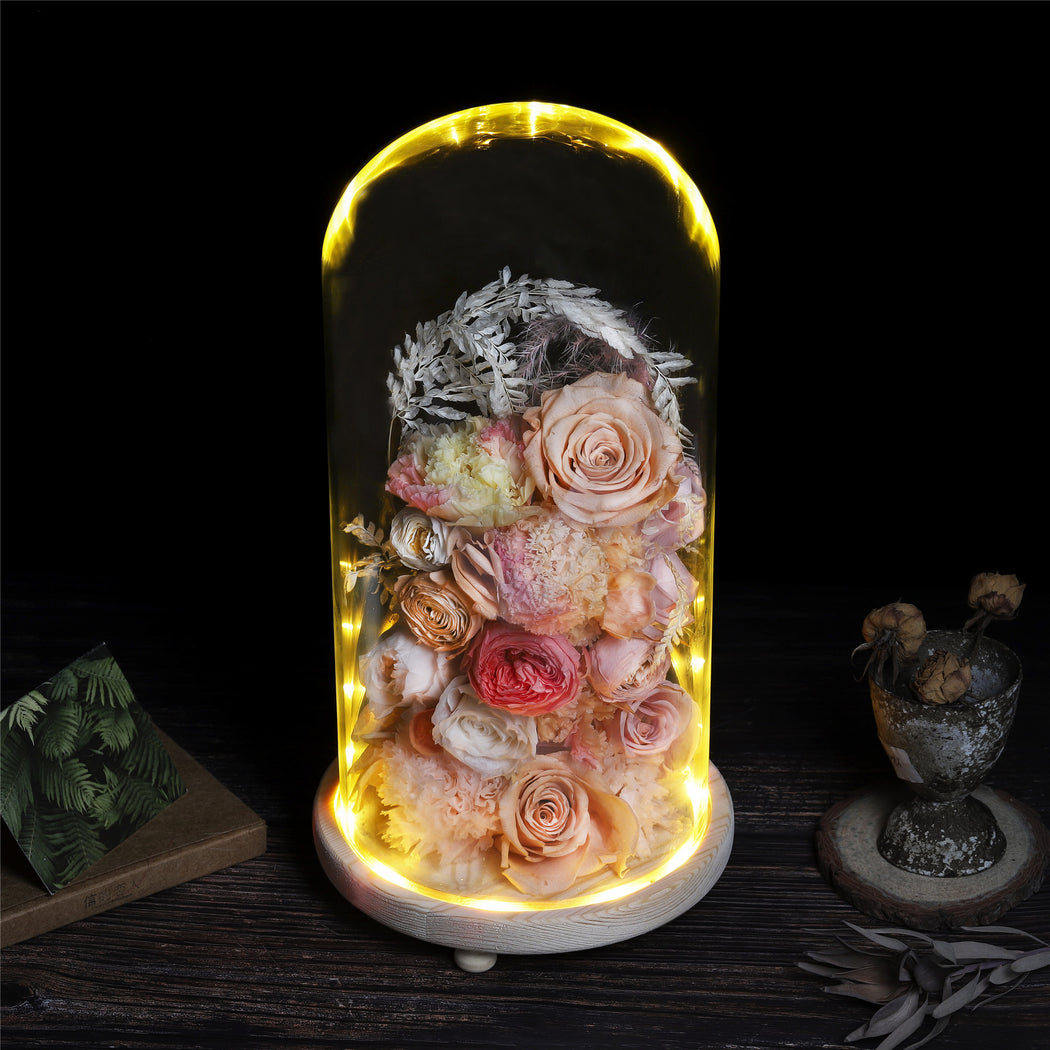 Handmade Glass Dome with LED Light Wood Base Cloche Bell Round for Rose Model Figurine Flowers - NCYPgarden
