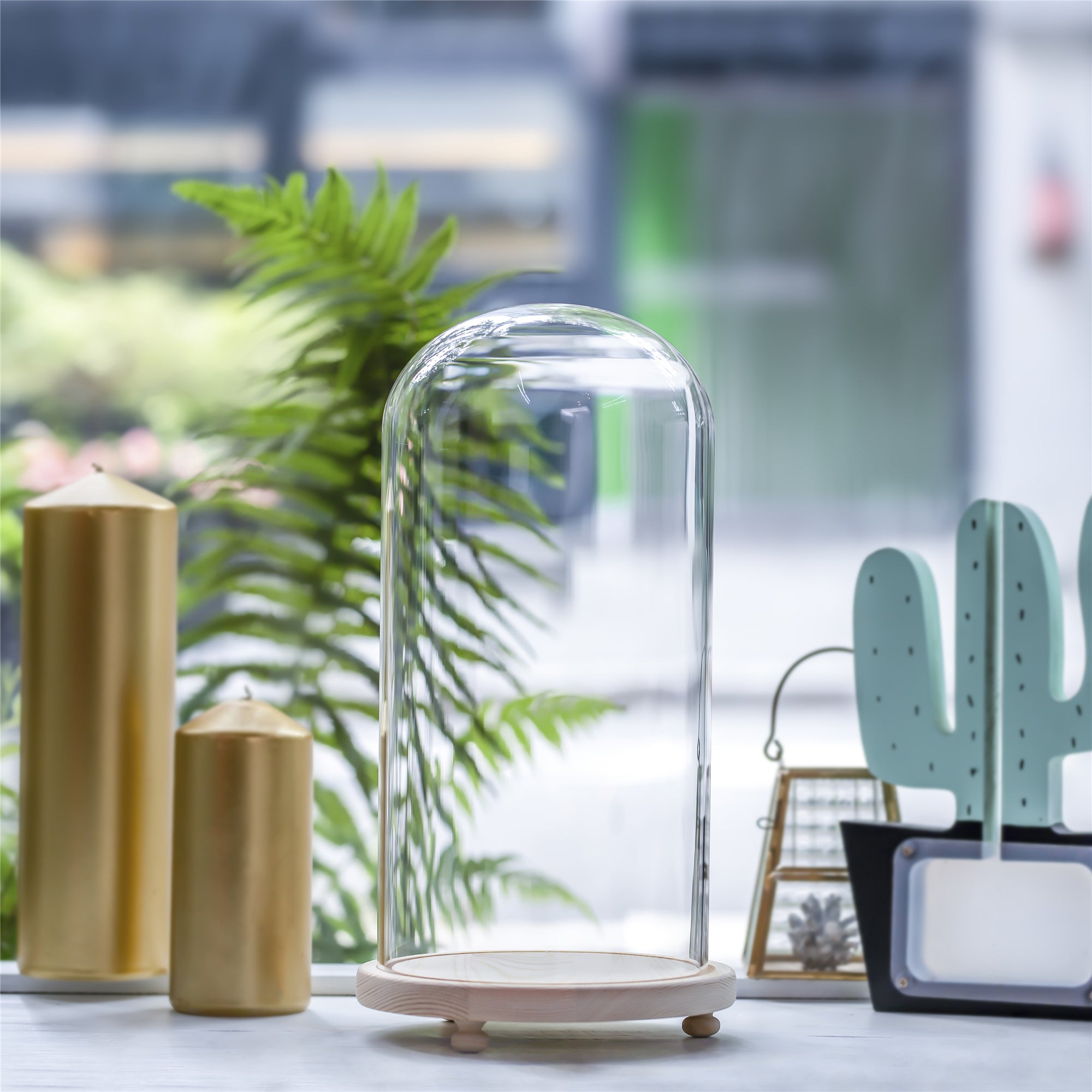 Handmade Glass Dome with LED Light Wood Base Cloche Bell Round for Rose Model Figurine Flowers - NCYPgarden