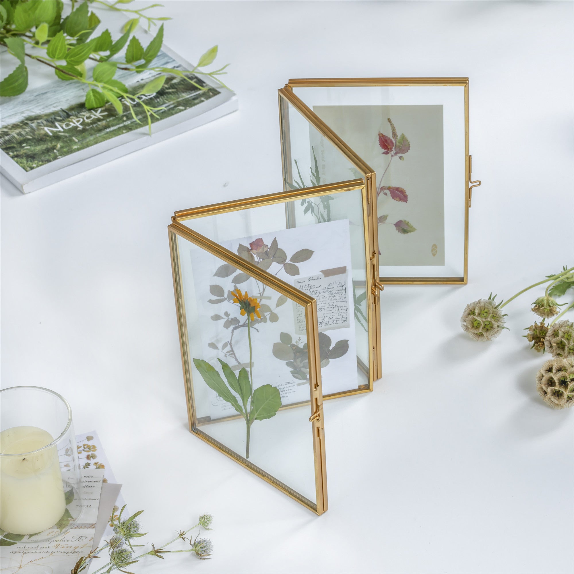 Handmade Tabletp Brass Glass Photo Picture Display Folding Screen Type Frame 3-Folded 5" X 7" - NCYPgarden