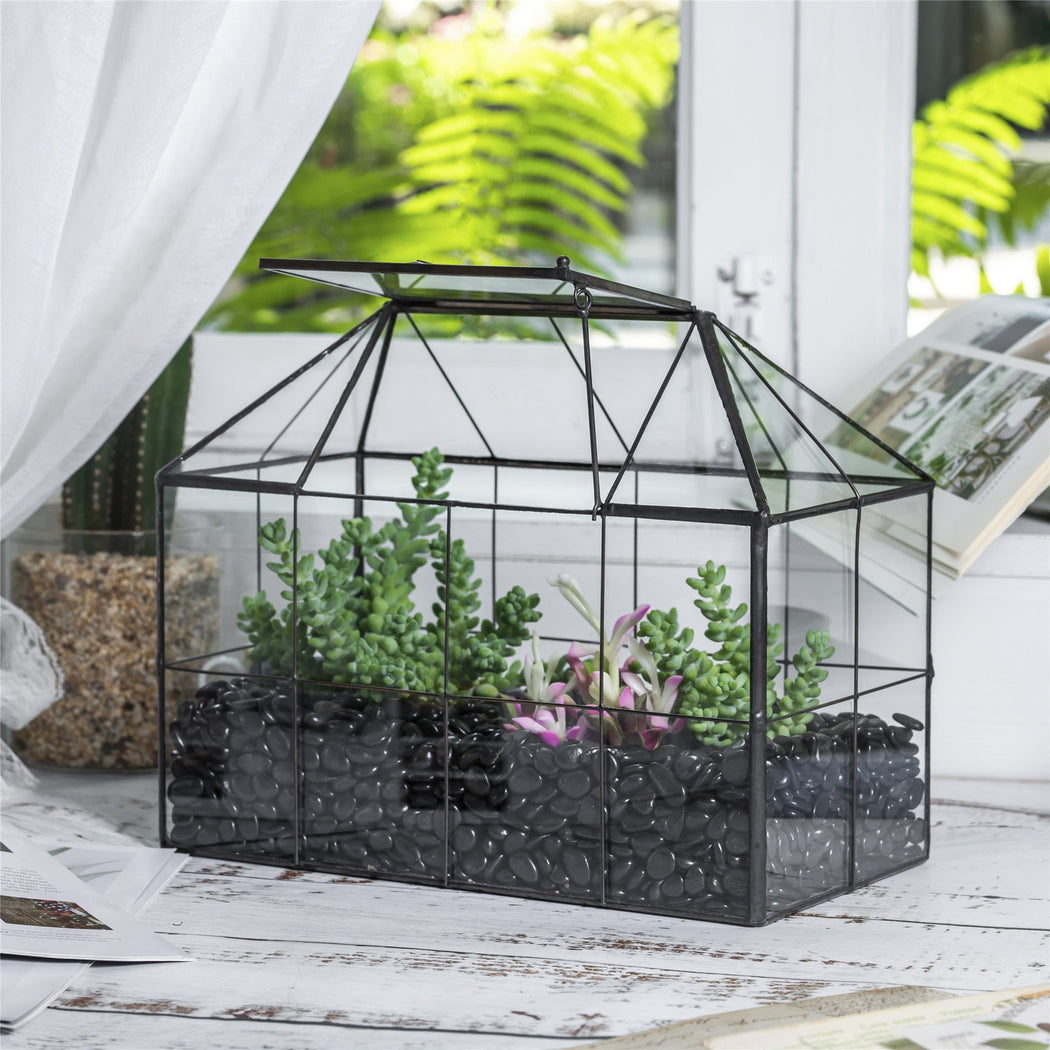 NCYP Glass Geometric Terrarium Tin-Sealed Brass Black House Shape Container with Grid and Swing Lid - NCYPgarden