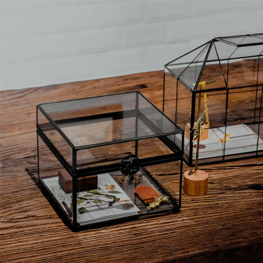 Small Vintage Rectangle Glass Jewelry Storage Card Box with Lock for Card Storage Jewelry Display - NCYPgarden