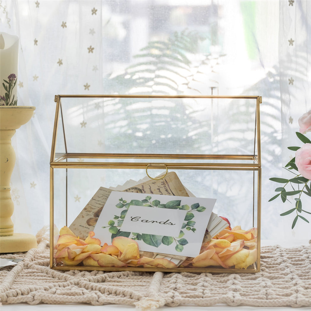 Geometric Glass Card Box Terrarium Rose Gold Handmade Pure Copper House Shape for Wedding Receiption - NCYPgarden