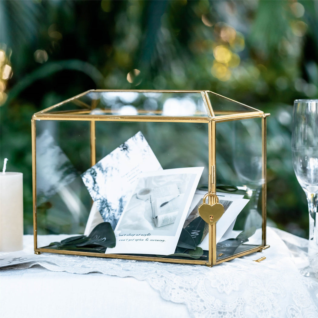 Large Geometric Glass Card Box Terrarium with Slot and Heart Lock, Foot,  Gold, Handmade, Brass,for Wedding Receiption, Wishwell, Keepsake Centerpiece