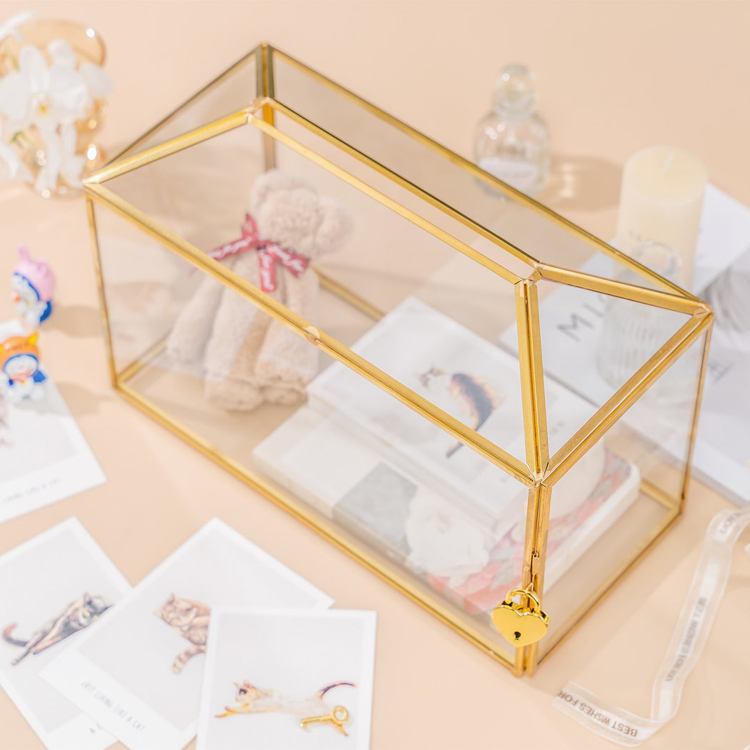 Large Geometric Glass Card Box Terrarium with Slot and Heart Lock, Foot, Gold, Handmade, Brass,for Wedding Receiption, Wishwell, Keepsake Centerpiece - NCYPgarden