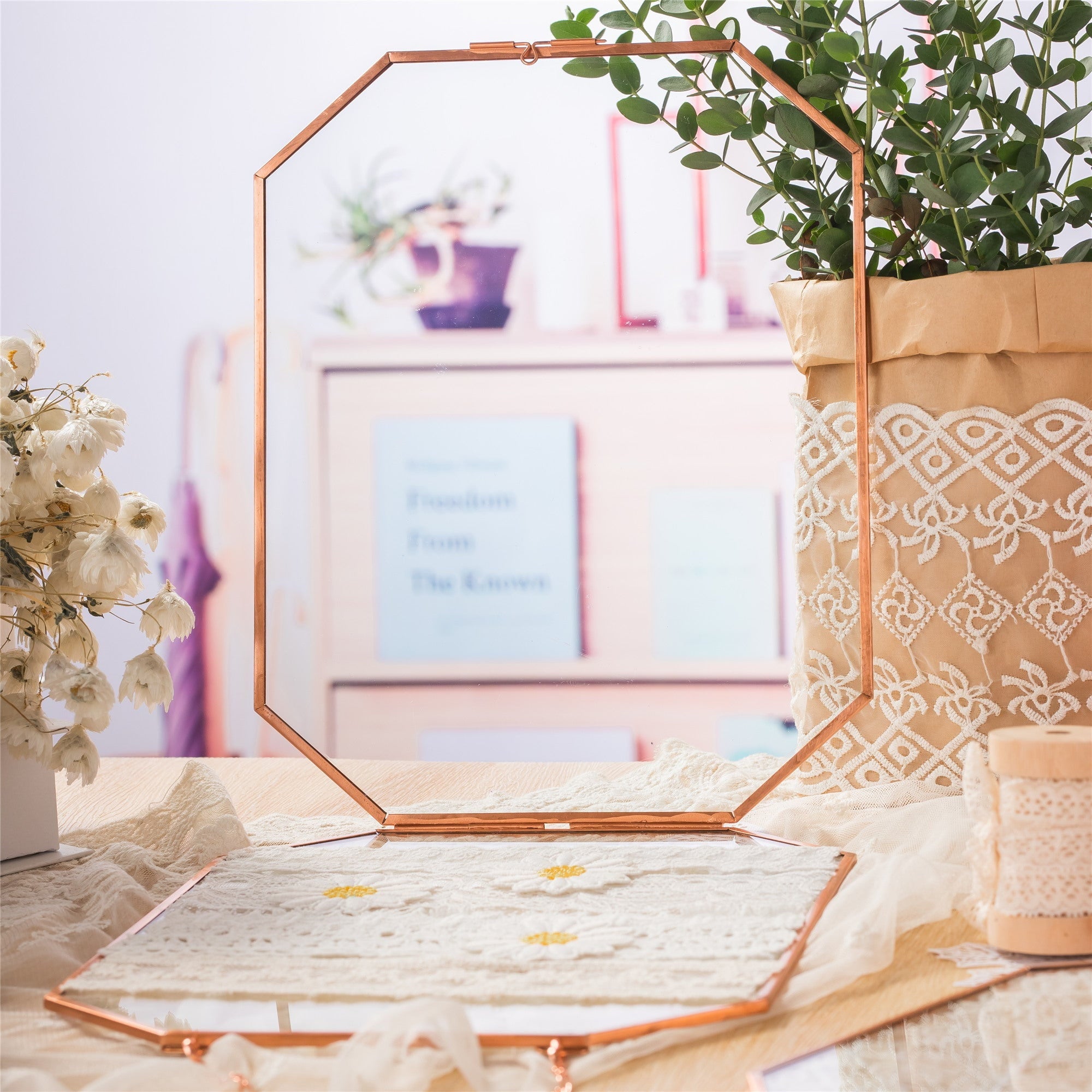 Wall Hanging Long Octagon Herbarium Copper Glass Frame for Pressed Flowers Dried floating Frame - NCYPgarden