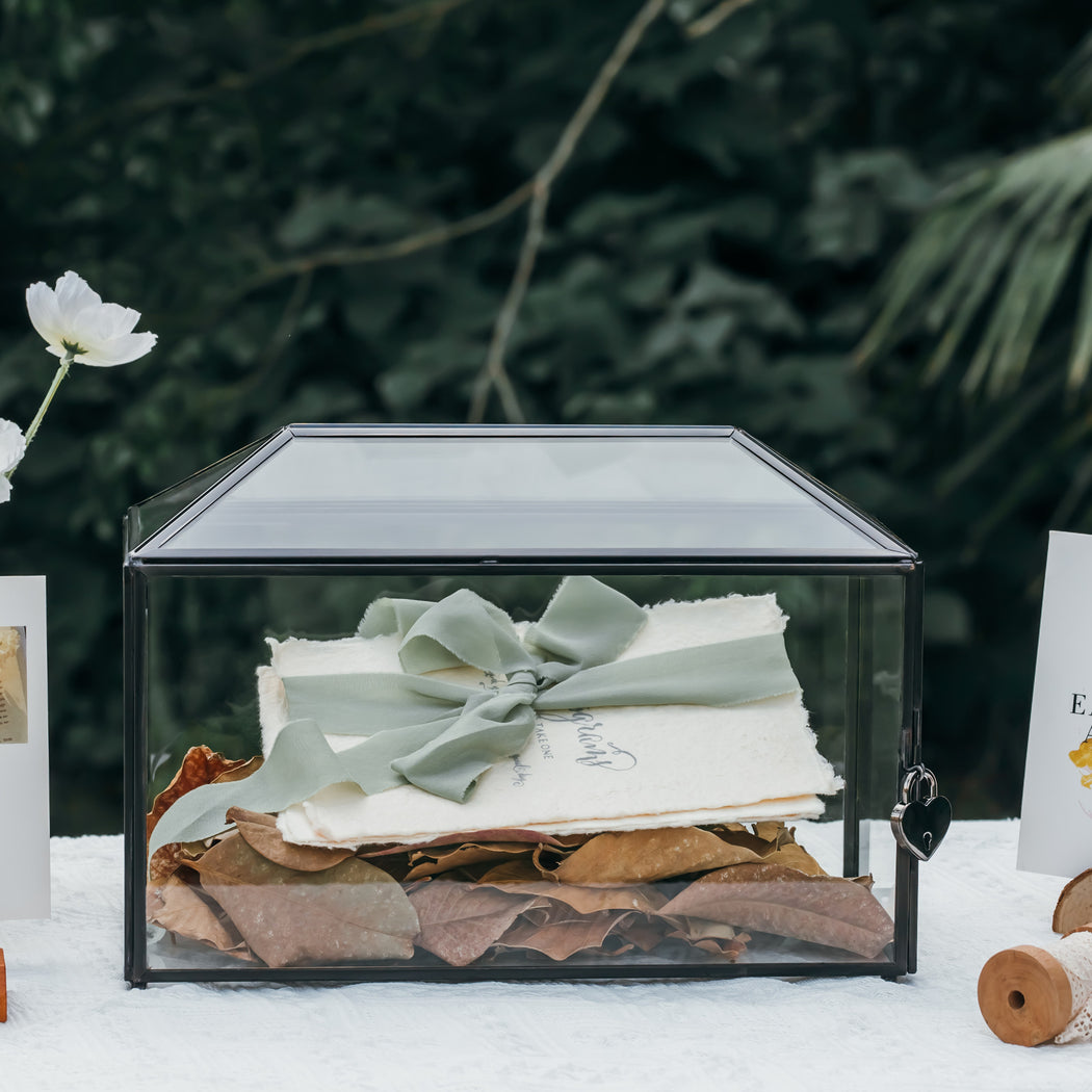 Back Standard/Large Geometric Glass Card Box Terrarium with Slot, Heart Lock, Foot, Handmade Brass for Wedding Receiption Wishwell Keepsake - NCYPgarden