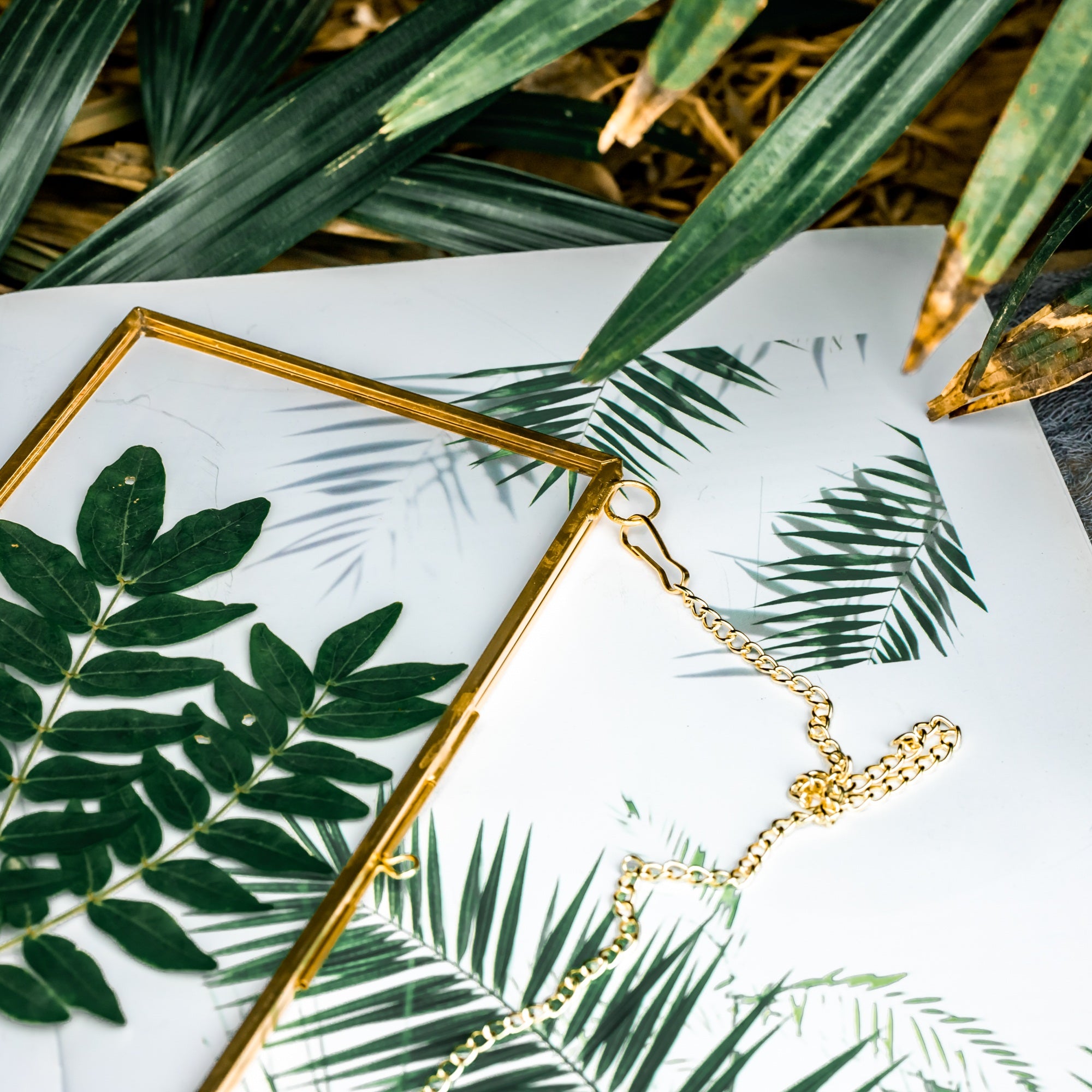 NCYP 4x9" Horizontal Brass Double Glass Picture Frame Wall Hanging, Photo Specimen Card Holder Modern Home Geometric Decor Display Gift - NCYPgarden