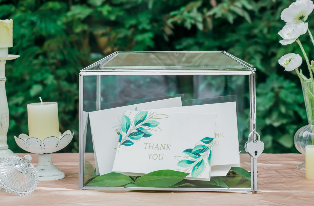 Silver Standard/Large Geometric Glass Card Box Terrarium with Slot, Heart Lock, Foot, Handmade for Wedding Receiption Wishwell Keepsake - NCYPgarden