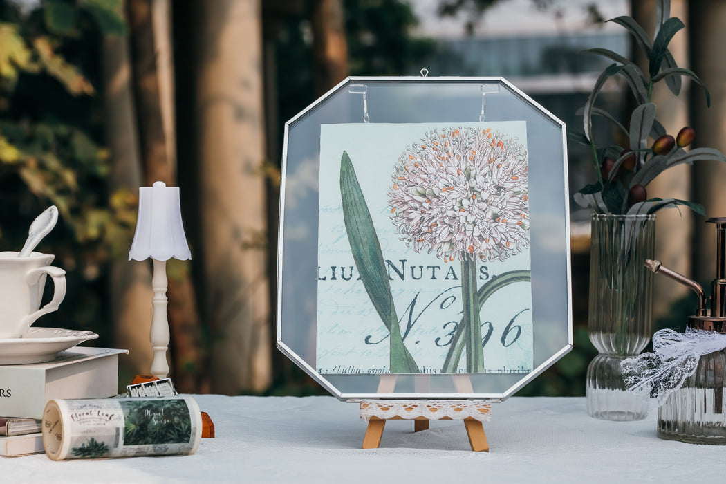 Wall Hanging Silver Long Octagon Herbarium Glass Frame for Pressed Flowers, Dried Flowers, Poster, Double Glass, floating Frame 8x10" - NCYPgarden
